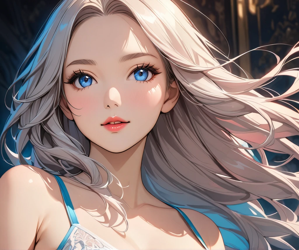 elegant young woman with long silver hair and vibrant blue eyes, wearing a short white camisole and cropped shirt, detailed face and body, beautiful detailed eyes, beautiful detailed lips, extremely detailed eyes and face, long eyelashes, illustration, anime style, highly detailed, 8K, photorealistic, masterpiece, vivid colors, soft lighting, delicate skin, flowing hair, detailed fabric textures, intricate details, dynamic pose