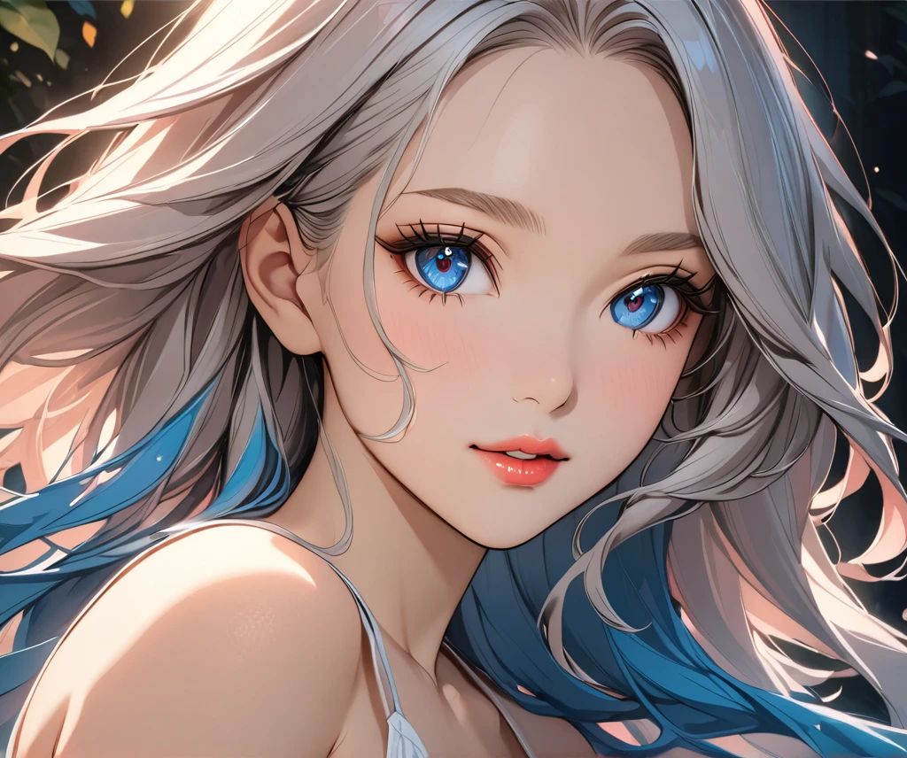 elegant young woman with long silver hair and vibrant blue eyes, wearing a short white camisole and cropped shirt, detailed face and body, beautiful detailed eyes, beautiful detailed lips, extremely detailed eyes and face, long eyelashes, illustration, anime style, highly detailed, 8K, photorealistic, masterpiece, vivid colors, soft lighting, delicate skin, flowing hair, detailed fabric textures, intricate details, dynamic pose