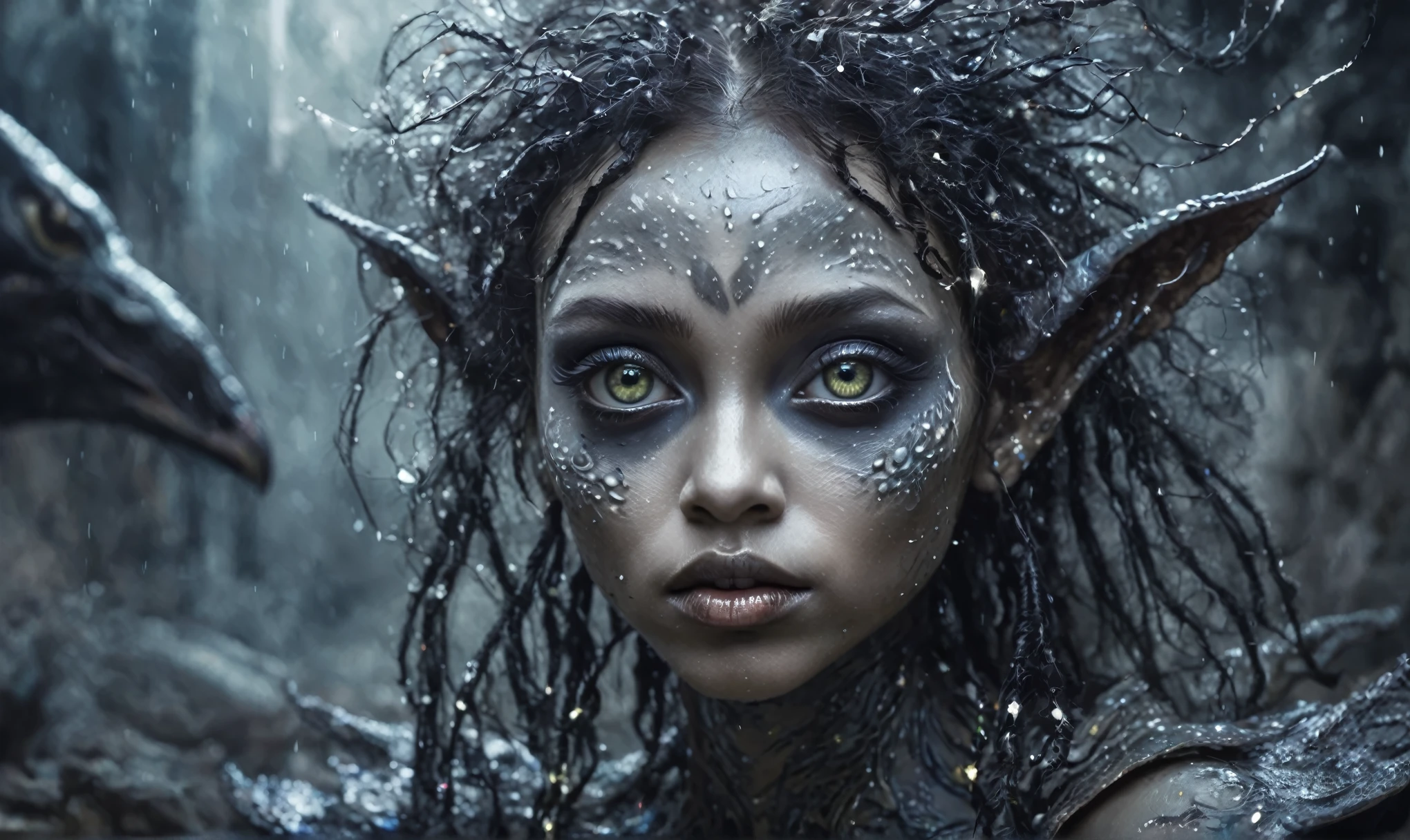 pretty face,eyebrow up,full body length shot,obsidian elf,full body length shot,very beggar niobium graphite The Alien Entity, babychild, wants eat,full body shot, of psychedelic style ,The iris looks weird, attractive, The stars in space is reflected in the pupil, goose down eyelashes, long wavy luminescent hair,insane baggy clothes,view from height,full-body-shot,High contrast,Masterpiece,Realistic,Ultra Detailed,intricate details,realistic humid skin,extremly intricate,realism,photorealism, cinematic style,irina yermolova,HDR,((Wangechi Quality)),ominous landscape,glate gray atmosphere,by art Simon Stalenhag,Nicola Samori,(((Wangechi Mutu))),prime colors,urban,extremely detailed,masterpiece,intricate details,faded,eyes extremely detailed, high detailed eyes,4k resolution,RAW, Nikon Z9,scary town,stalker,goblin,Dubai of United Arab Emirates,Mestichino,Light particles,marble leather ,ink photography ,Mestichino,Light particles,chaos