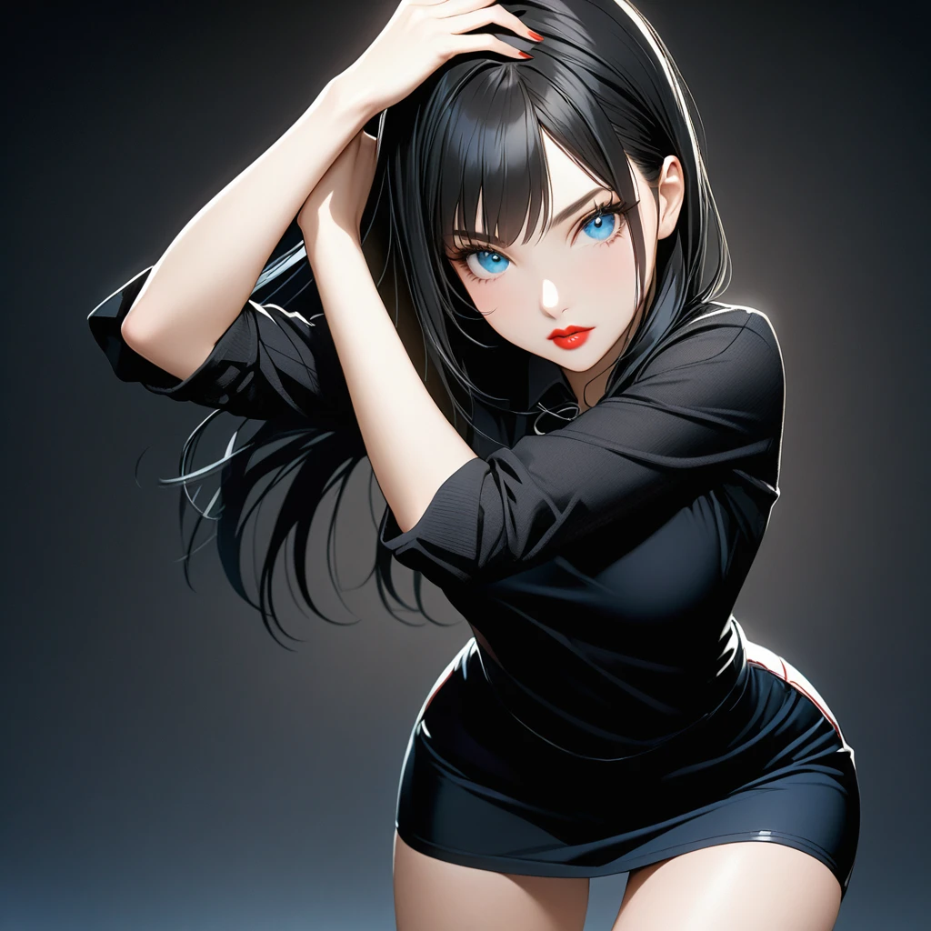 pose. Woman fine face, Red lips, long black hair, Blue-eyed, wearing short black miniskirt.