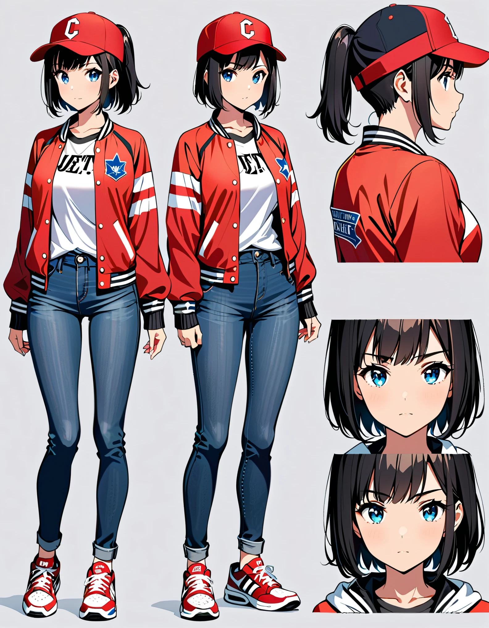 (masterpiece), (best quality), (high res), 1girl, (jet black hair, short hair, bob hair, bangs, ponytail), light blue eyes, beautiful detailed eyes, beautiful detailed face, cute face, perfect hands, complete fingers, perfect anatomy, perfect proportions, medium breasts, (jeans, athletic sneakers), (backward cap), fingerless gloves, (varsity jacket, sleeves rolled up, t-shirt), Simple background, Multiple Views, Character Sheet Full-Length.