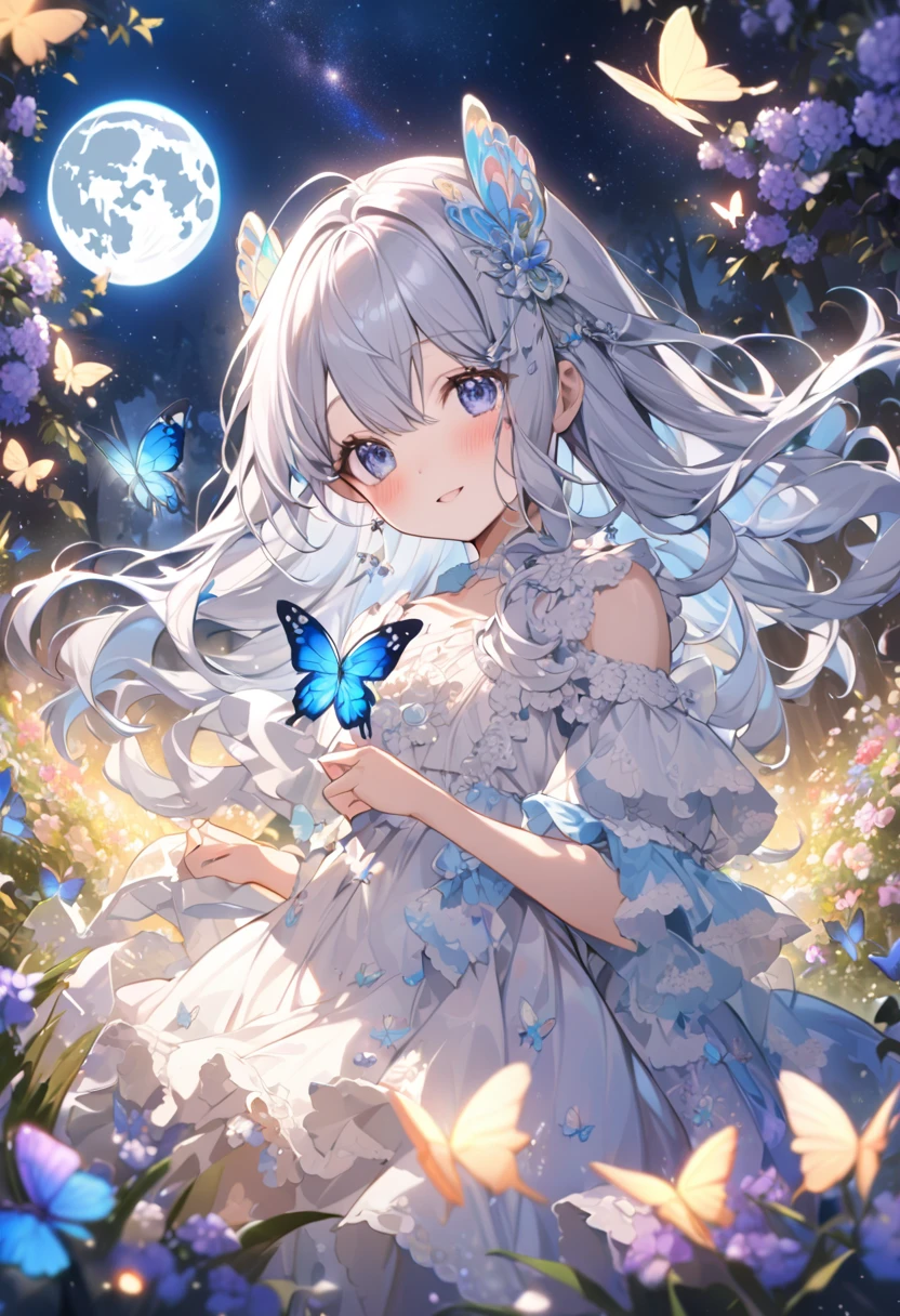 Attention to detail, Super Detail, Ultra-high resolution, A girl having a good time in a dream galaxy, Full moon behind the girl, The color of the moon is light blue,The moonlight shining down on her, The background is a forest with the Milky Way visible, Colorful butterflies flutter around her,Flower field in the forest,Delicate face, Add a fantastical atmosphere , 