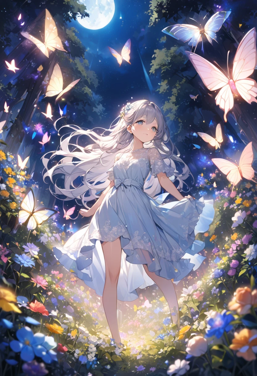 Attention to detail, Super Detail, Ultra-high resolution, A girl having a good time in a dream galaxy, Full moon behind the girl, The color of the moon is light blue,The moonlight shining down on her, The background is a forest with the Milky Way visible, Colorful butterflies flutter around her,Flower field in the forest,Delicate face, Add a fantastical atmosphere , 