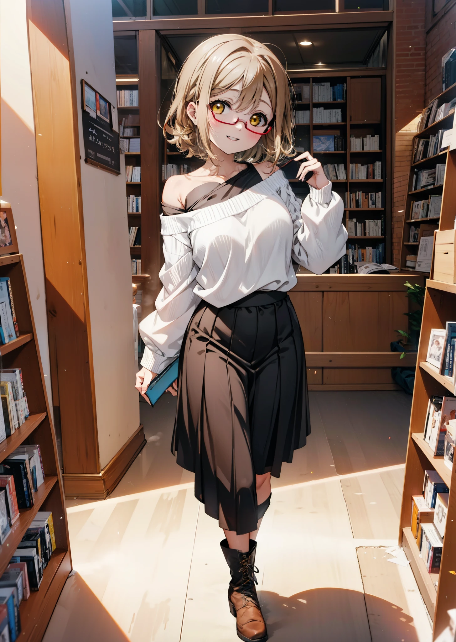 Hanamaru the kunikida, Brown Hair, happy smile,smile, Open your mouth,Yellow Eyes,hair band,Black-rimmed glasses,One-shoulder sweater,Long skirt,short boots,Walking,Bookshelf,There is a lot piled up on the table,whole bodyがイラストに入るように,
break indoors, figure書館,
break looking at viewer, whole body,
break (masterpiece:1.2), Highest quality, High resolution, unity 8k wallpaper, (figure:0.8), (Beautiful attention to detail:1.6), Highly detailed face, Perfect lighting, Highly detailed CG, (Perfect hands, Perfect Anatomy),