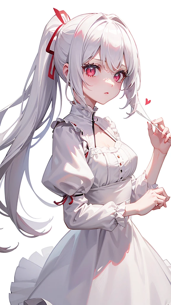 1 girl、White Hair、Red eyes、ponytail、White Lolita、White Balloons、White ribbon、White Feather、Simple background isolated on white background