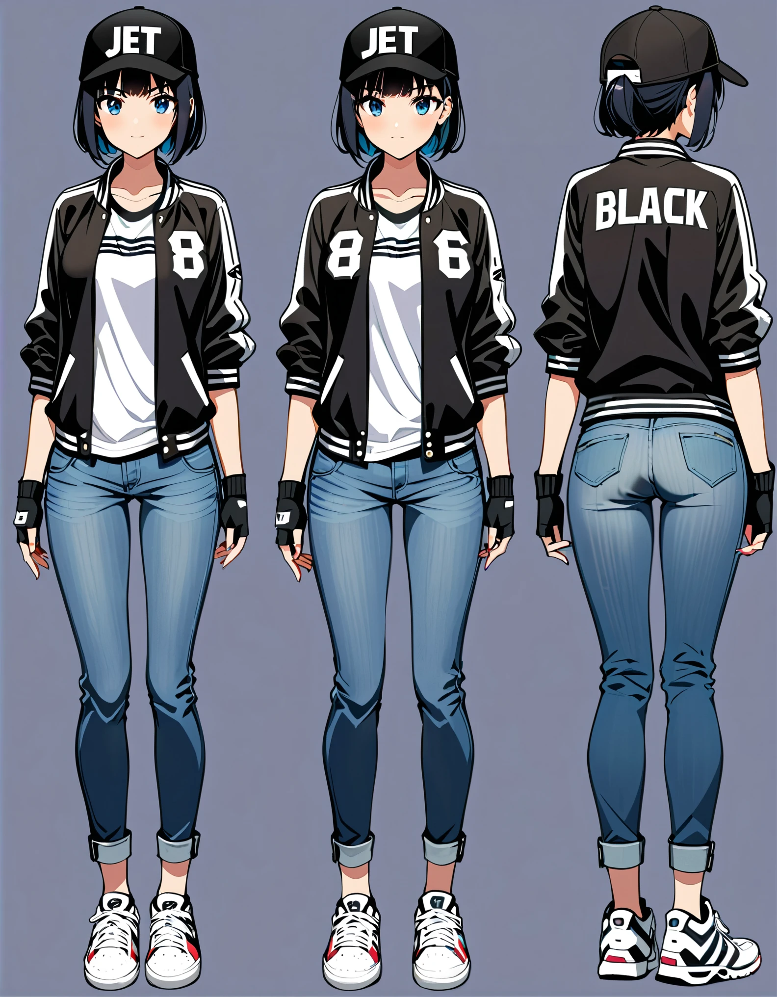 (masterpiece), (best quality), (high res), 1girl, (jet black hair, short hair, bob hair, bangs, ponytail), light blue eyes, beautiful detailed eyes, beautiful detailed face, cute face, perfect hands, complete fingers, perfect anatomy, perfect proportions, medium breasts, (jeans, athletic sneakers), (backward cap), fingerless gloves, (varsity jacket, sleeves rolled up, t-shirt), Simple background, Multiple Views, Character Sheet Full-Length.