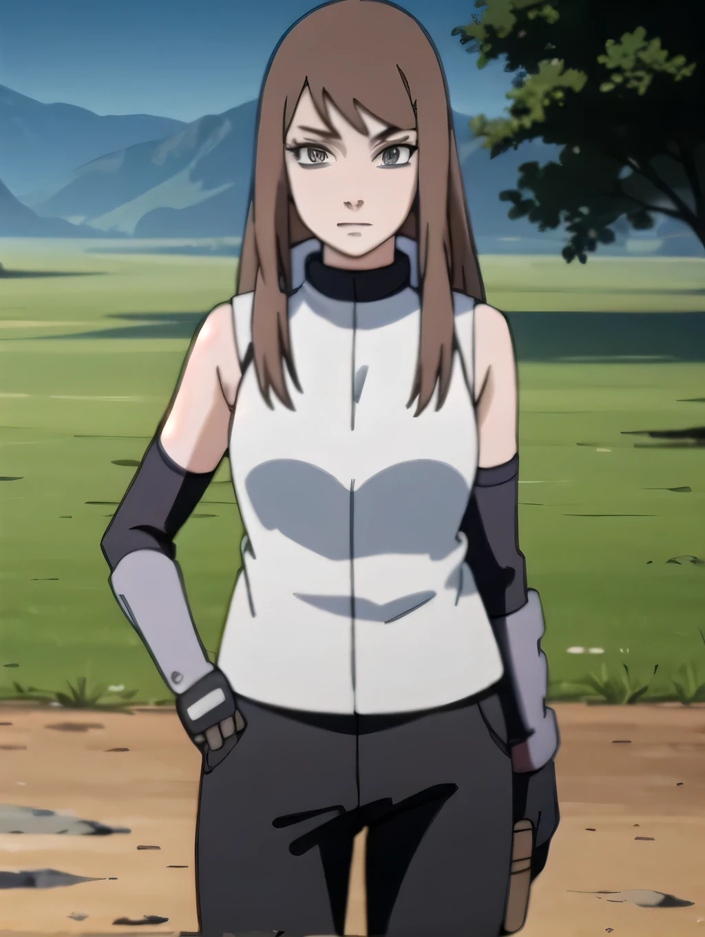 perfects eyes:1.2, detailedeyes:1.4, chestnut hair, long hair, Mask in hand, covering face, cat mask, gray armor 1:2 ,gray arm protectors, black elbow gloves, black jersey, sleeveless, high collar, black pants, 1 girl, standing alone, (work of art:1.6, best qualityer),