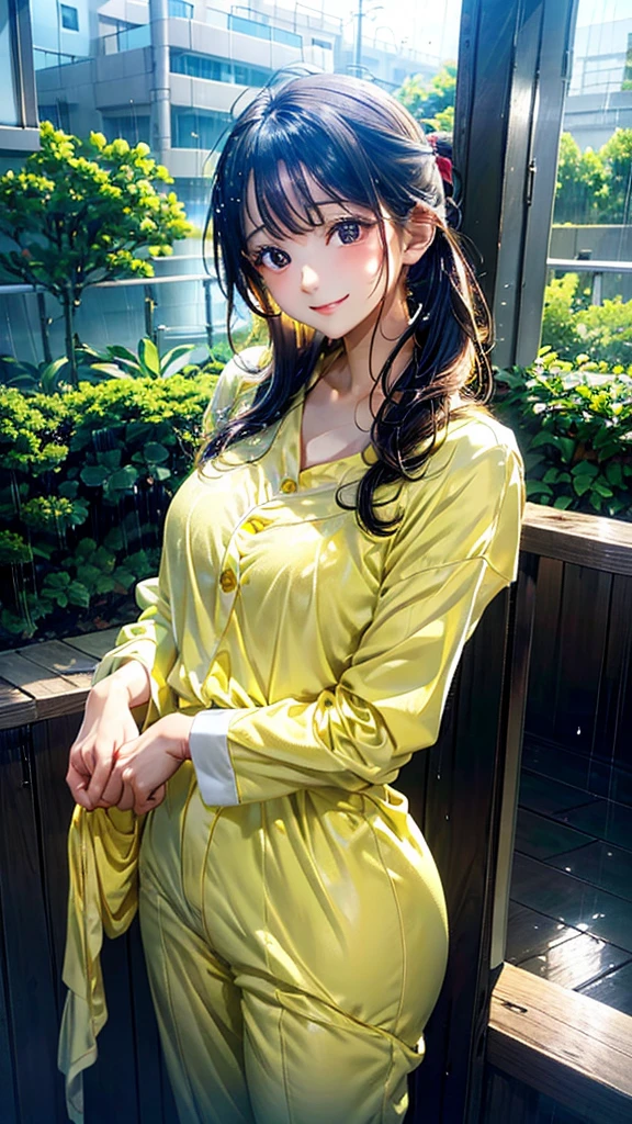 A young woman in cozy yellow pajamas stands on her balcony, rear view, looking behind, bending on the fence, gentle morning rain, tea cup in her hand, The soft light and lush green plants create a serene atmosphere. Her peaceful expression is illuminated as the cityscape is veiled in mist, adding to the tranquil beauty of the moment