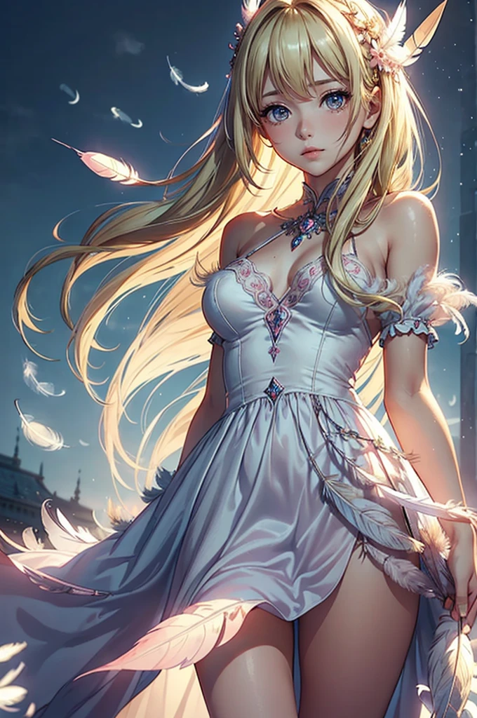 A charming girl appears from the dreamy morning mist.,High angle,Complexbeautiful色彩,Creates a fantastic atmosphere in your work,(((Smooth, straight, extra long hair, beautiful,Flowing blonde hair:1.2))),(((Amber eyes stare into the distance))),Amazing fantasy costumes,Full length,Delicate silk,Feather embossed all the way down to the hem of the dress,Subtle details,(Princess Decoration,Baby Pink:1.2),Complex,Detailed,moving composition,Against a deep background,(Feathers in the sky:1.6),it was foggy,Bokeh,it was foggy,Soft Focus,Afterimage,Minimalism,A world beyond imagination,Otherworldly brilliance,Movie-like scene,Cinema Lighting,超beautifulポートレート,Abstract background