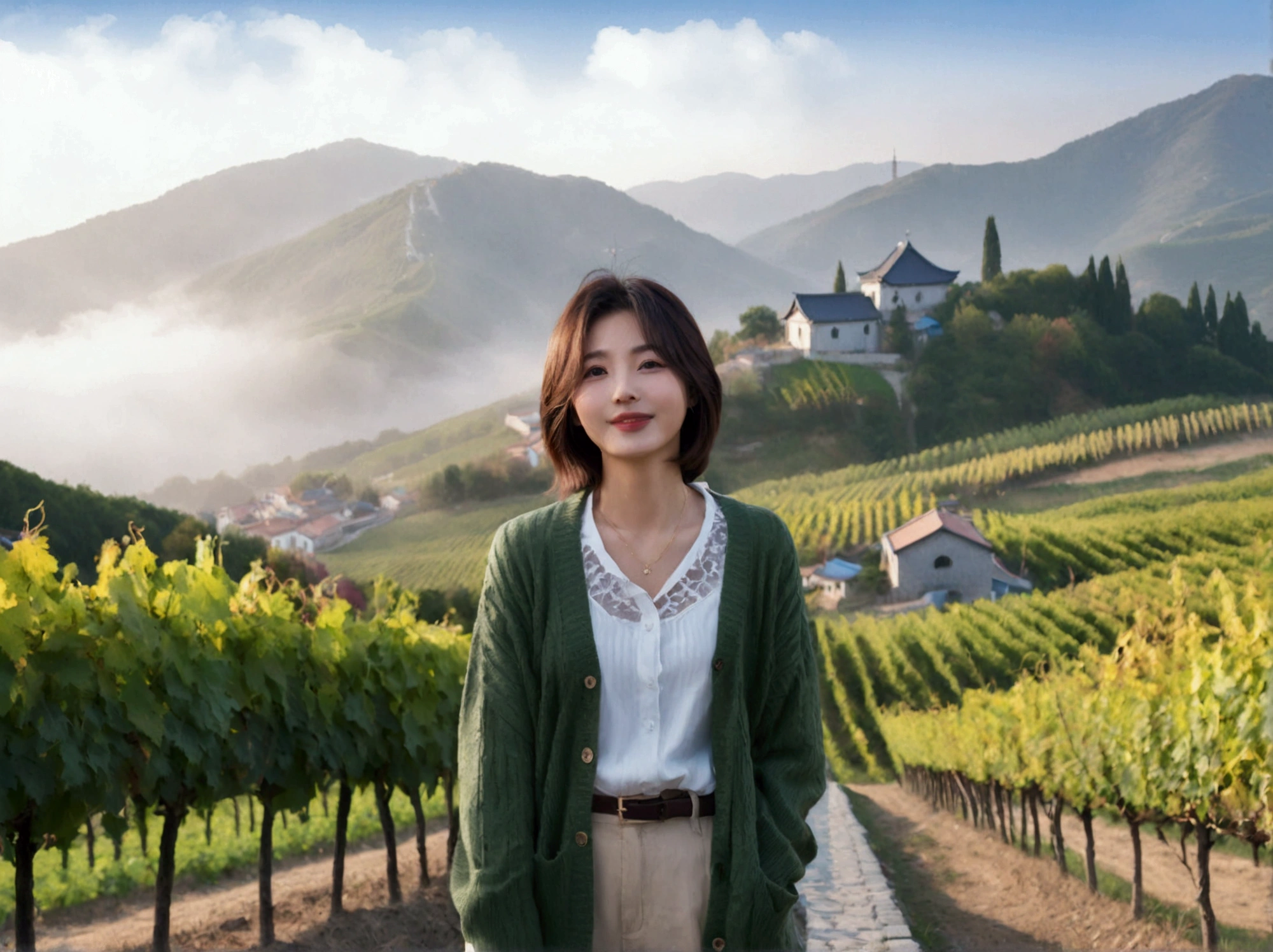 Intentional quality, In 8K, 32K, Photo of a beautiful 36-year-old Korean woman, short medium hair, Inspired by Son Ye-jin, whole body, face focus, Shirt that goes up to the neck and a short cardigan from a luxury brand, beige casual pants, Italian countryside vineyard background, Ranged、make a happy face, 새벽 진한 한개속 The cathedral is visible in the distance, There is thick fog, path, looking up the side, Wear a shirt that covers your chest, The cathedral is visible in the distance, Photo of endless vineyard scenery, look up the side. thick dawn fog, Well-groomed hair, Photo of an elegant and modest woman, Endless vineyards, Vivid picture quality, Clear picture quality, 언덕 위 path, 1 woman, colonnade가 있는 휘어진 path 언덕에서 바라본다. colonnade, The waist area is visible. 휘어진 path에 서있다, colonnade가 있는 어덕길에 서있다, Looking down on the vineyard from the hill, The cathedral is visible in the distance,, 휘어진 path, White shirt and short Myeongmum brand cardigan, three-dimensional shape of grape leaves, Wide angle lens close-up shot, Express your fingers carefully