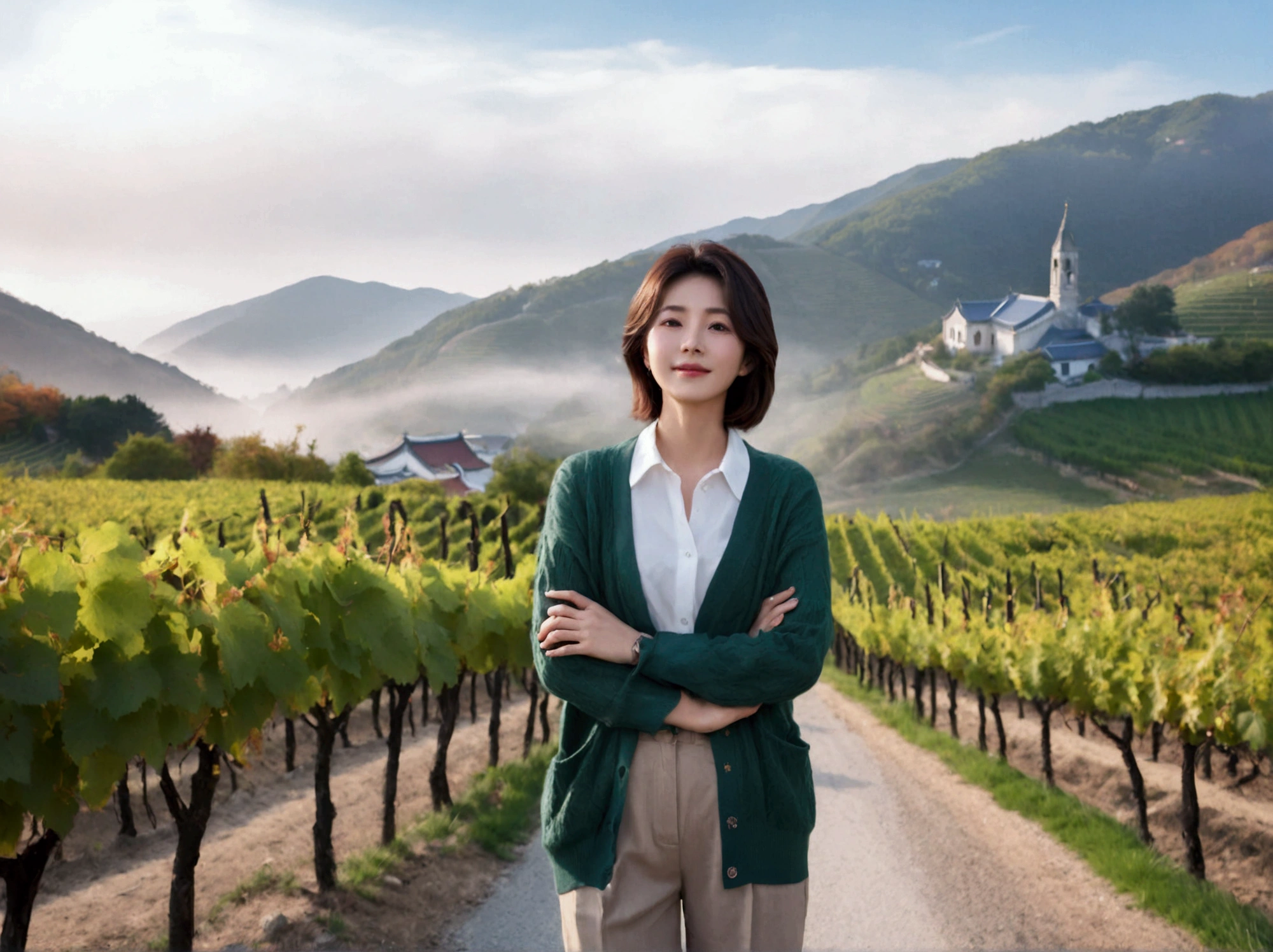 Intentional quality, In 8K, 32K, Photo of a beautiful 36-year-old Korean woman, short medium hair, Inspired by Son Ye-jin, whole body, face focus, Shirt that goes up to the neck and a short cardigan from a luxury brand, beige casual pants, Italian countryside vineyard background, Ranged、make a happy face, 새벽 진한 한개속 The cathedral is visible in the distance, There is thick fog, path, looking up the side, Wear a shirt that covers your chest, The cathedral is visible in the distance, Photo of endless vineyard scenery, look up the side. thick dawn fog, Well-groomed hair, Photo of an elegant and modest woman, Endless vineyards, Vivid picture quality, Clear picture quality, 언덕 위 path, 1 woman, colonnade가 있는 휘어진 path 언덕에서 바라본다. colonnade, The waist area is visible. 휘어진 path에 서있다, colonnade가 있는 어덕길에 서있다, Looking down on the vineyard from the hill, The cathedral is visible in the distance,, 휘어진 path, White shirt and short Myeongmum brand cardigan, three-dimensional shape of grape leaves, Wide angle lens close-up shot, Express your fingers carefully