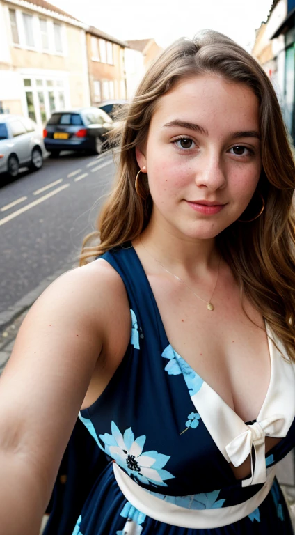 British young girl taking a selfie of herself on street wearing a beautiful blue floral dress, perfect and full body, curvy_hips, looking-at-viewer, light honey eyes, standing, mood lighting, Bokeh