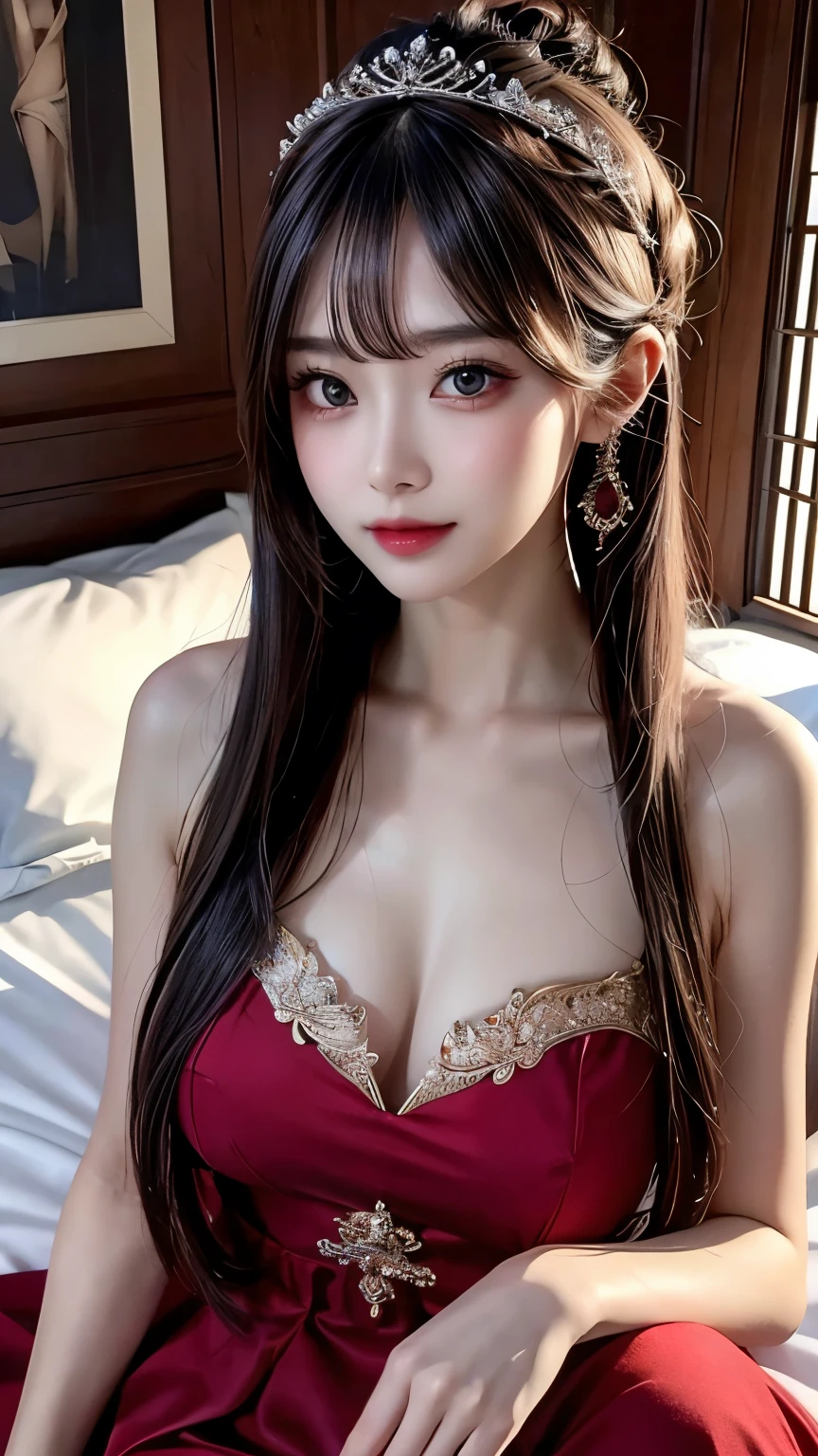 Sexy asian woman sitting on bed wearing long red dress，A beautiful fantasy queen，（（beautiful fantasy queen）），seductive anime girls，Royal elegant posture，alluring。Large breasts， disheveledhair， Symmetrical bun， hair accessory， jewelries， Exquisiteface， eyeshadows， style of anime。 finely detailed skin， Soft light effect， Delicate smooth hair， exquisite detailing， Eye highlights， faired skin， Fine depiction， Extreme detail， Movie quality， thinness， Slender， brokenness， Hair details， Thin bangs， Shawl hair， The right body， tinta， Air bangs， 8K， ultradetailed，Delicate fabric texture，supple，smooth，Smooth texture，Dunhuang style，delicatepattern，Correct hand drawing，anatomicaly correct，accurate，night，night，luci，tyndalleffect，raytraced，HUD