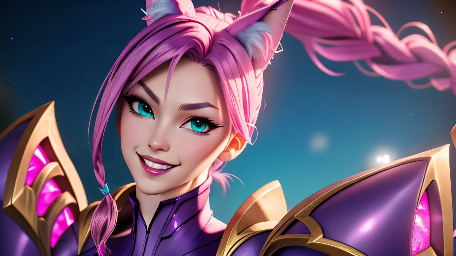 kai'sa league of legends, postura sexy, posse sexy, corpo definido, pink hair, braided ponytail, aqua eyes, fox ears, evil smile, anime, wide shot, UHD, super detail, high quality, best quality, 8k, retrato corpo inteiro