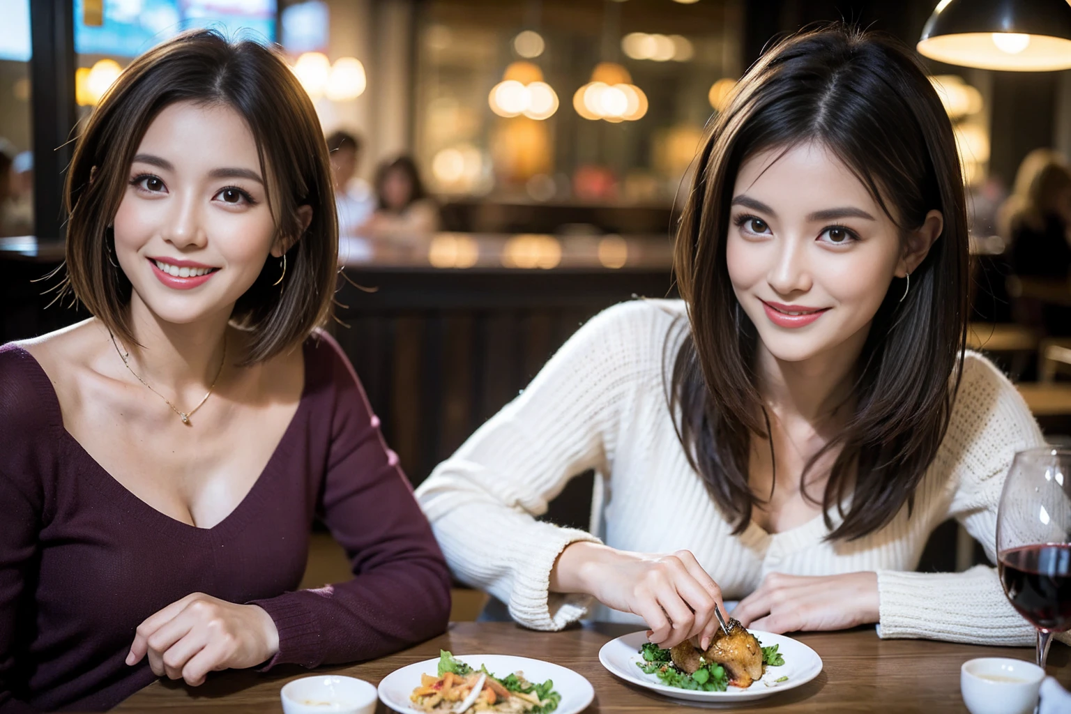 （Realistic:1.1）,(masterpiece,Highest quality)，8k,(40 years old), 42 years old, slimカップル、Model Couple、actress/actor、Tight waist,Upper Body,full-course dinner、wine 、Amazing view of the sunset sky and clouds、Perfect Anatomy, Brown Hair, short hair,Random Hairstyles,((Highly detailed face and eyes:1.2))(cute顔:1.4)，美しいactressの顔，Perfect golden ratio face，Long sleeve shirt、dress,(smile:1.2)、Shortcuts、cute、(Realistic, Intricate details:1.2), A bright smile、short hair,Bright Face、赤wine 、Appetizers、Italian food、wine bottle、Champagne、スパークリングwine、(slimな顔), (The body is slim), (Brown Hair), (Shortcuts),  Upper Body, 白wine, slim, wineグラス, 
