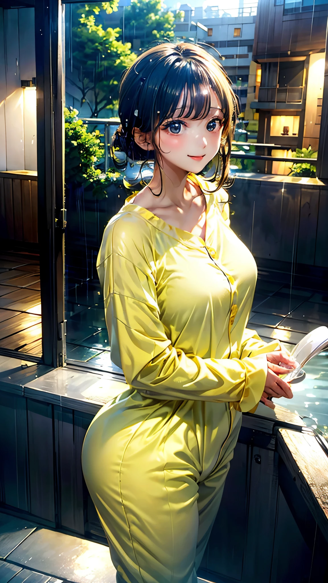A young woman in cozy yellow pajamas stands on her balcony, rear view, looking behind, bending on the fence, gentle morning rain, tea cup in her hand, The soft light and lush green plants create a serene atmosphere. Her peaceful expression is illuminated as the cityscape is veiled in mist, adding to the tranquil beauty of the moment