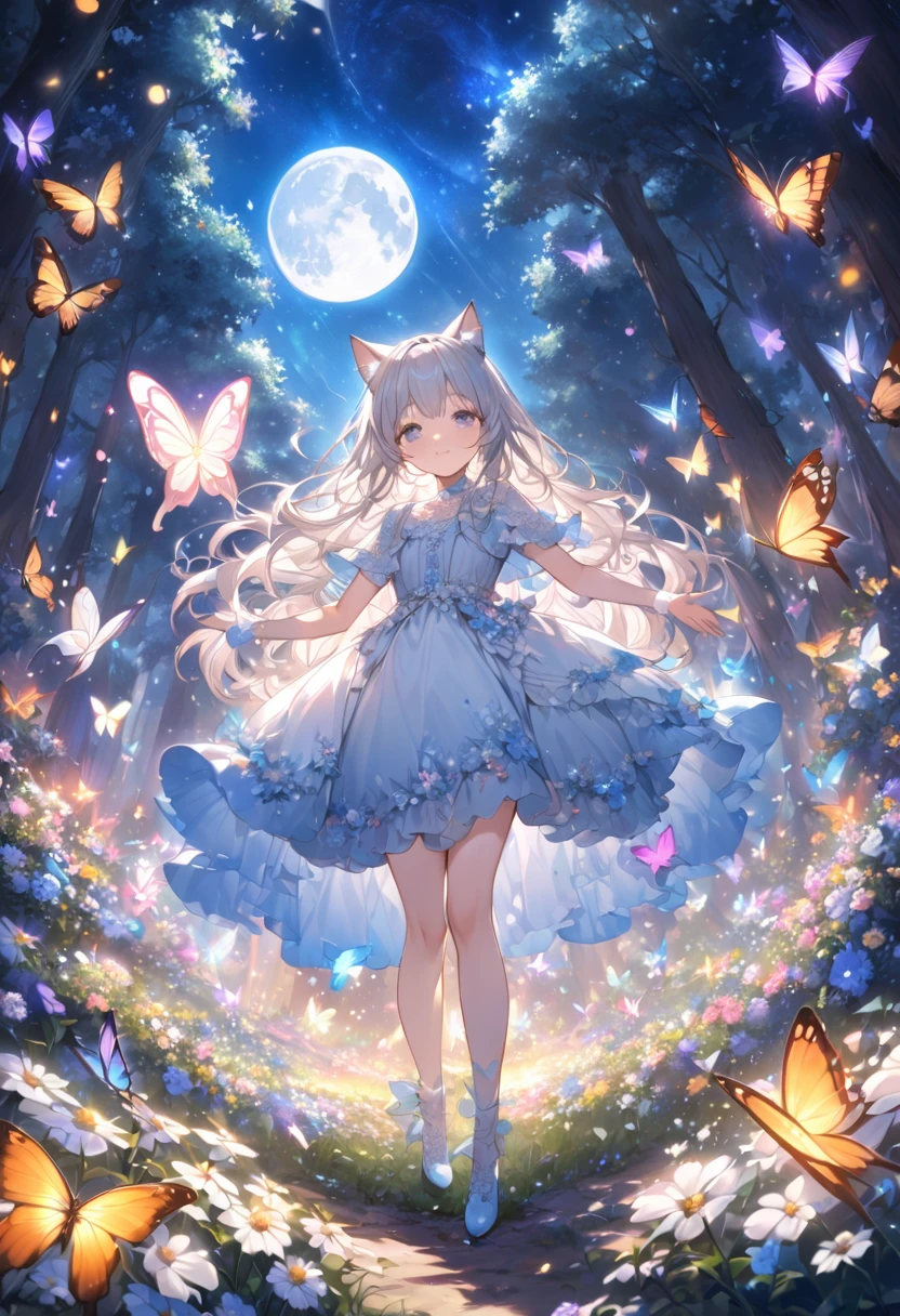 Attention to detail, Super Detail, Ultra-high resolution, A girl with cat ears having a good time in a dream galaxy, Full moon behind the girl, The color of the moon is light blue,The moonlight shining down on her, The background is a forest with the Milky Way visible, Colorful butterflies flutter around her,Flower field in the forest,Delicate face, Add a fantastical atmosphere , 