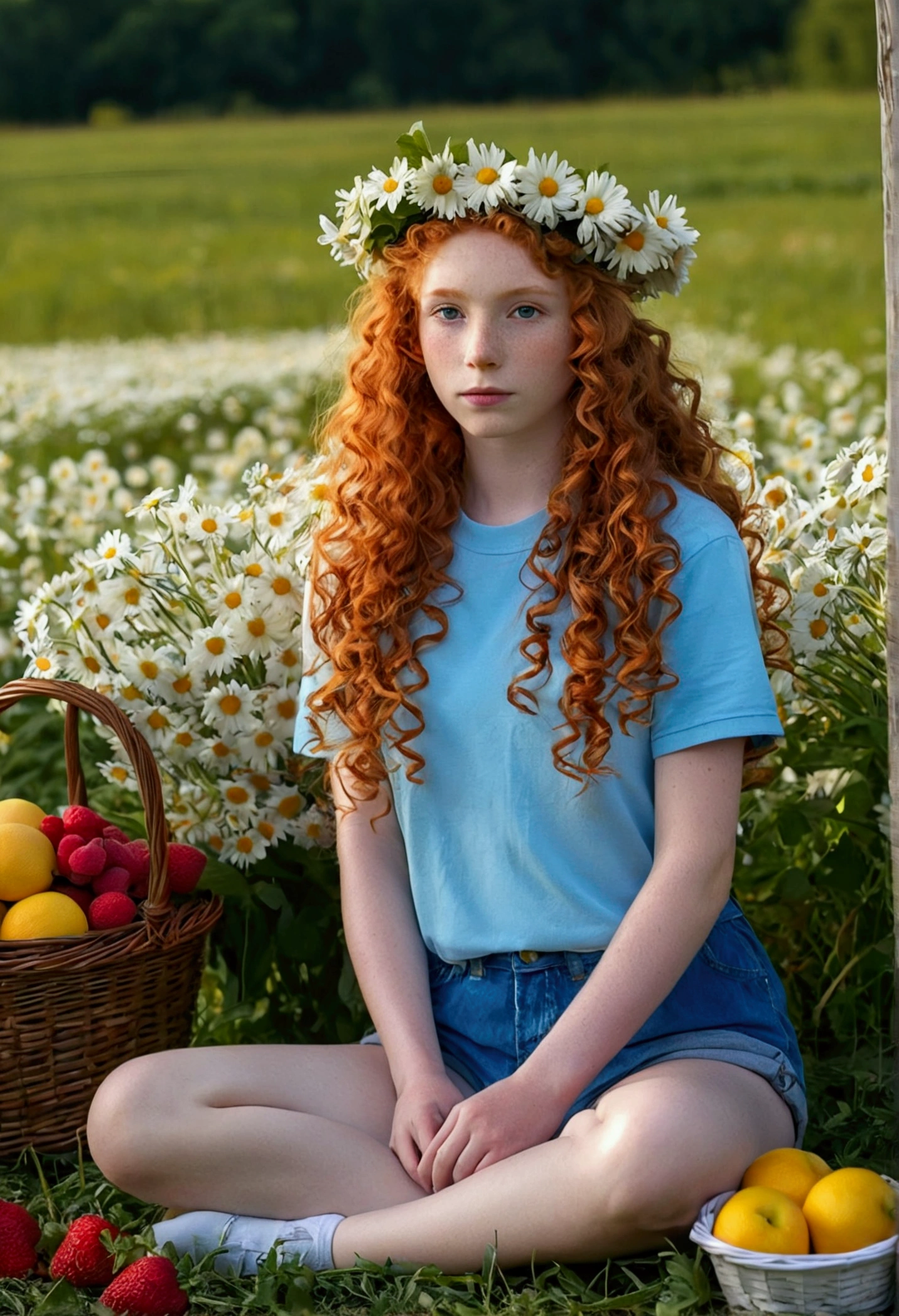 (girl:1.2),Solitary, (Long curly ginger hair:1.1), Brown eyes, Wear a wreath of daisies on your head, Sitting in a field of daisies, (fruit basket:1.1), Blue shorts, Red Shirt,,Raw,photography,Photo Shadow,Practical,ridiculous,Aesthetic,elegant
