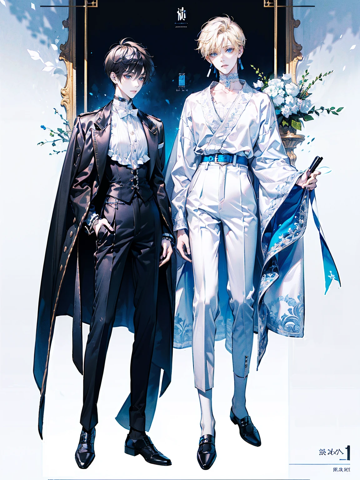 ((full body: 2)), ((UHD, masterpiece, super detail, best quality, highres, 8k)), (detailed line art), perfect face, perfect body, perfect hands, perfect feet. Humans, around 20 years old, (2 males: 2.0), ((two characters)), male idols, (simple background, magazine cover style: 1.5). Features of the first person :Gentle vibe, standing on the right, (bright blonde hair), (parallel eyebrows, light blue eyes, droopy eyes, thin lips), (white top, collarbone-revealing top, puffed sleeves top, white ribbon decorations:1.0, white frill decorations:1.0, white lace decorations:1.0, white corset, high-waisted white pants, white belt, white leather shoes), (white ribbon choker), (angelic vibe), (looking forward). Features of the second person :Cool vibe, standing on the left side, (black hair), (parallel eyebrows, light blue eyes, slanted eyes, thin lips), (black top, high-neck top, fitted top, black jacket, black belt decoration:1.5, black pants, black belt, black leather shoes), (black earrings, black bracelet), (devil-like vibe), (looking forward).
