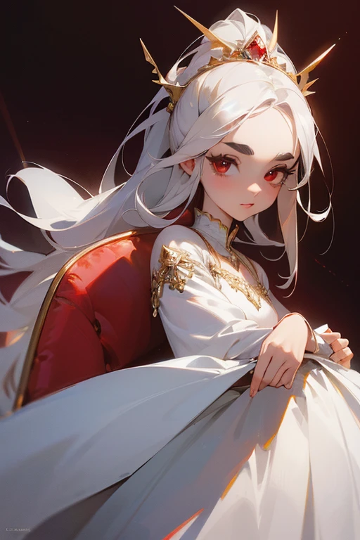 (Highest quality, masterpiece:1.2), High resolution, Very detailed, Realistic:1.37, Fantasy, An illustration, Red eyes,(Queen).White Dress.Thick eyebrows、(Flashy platinum decoration).(The background is inside the castle).