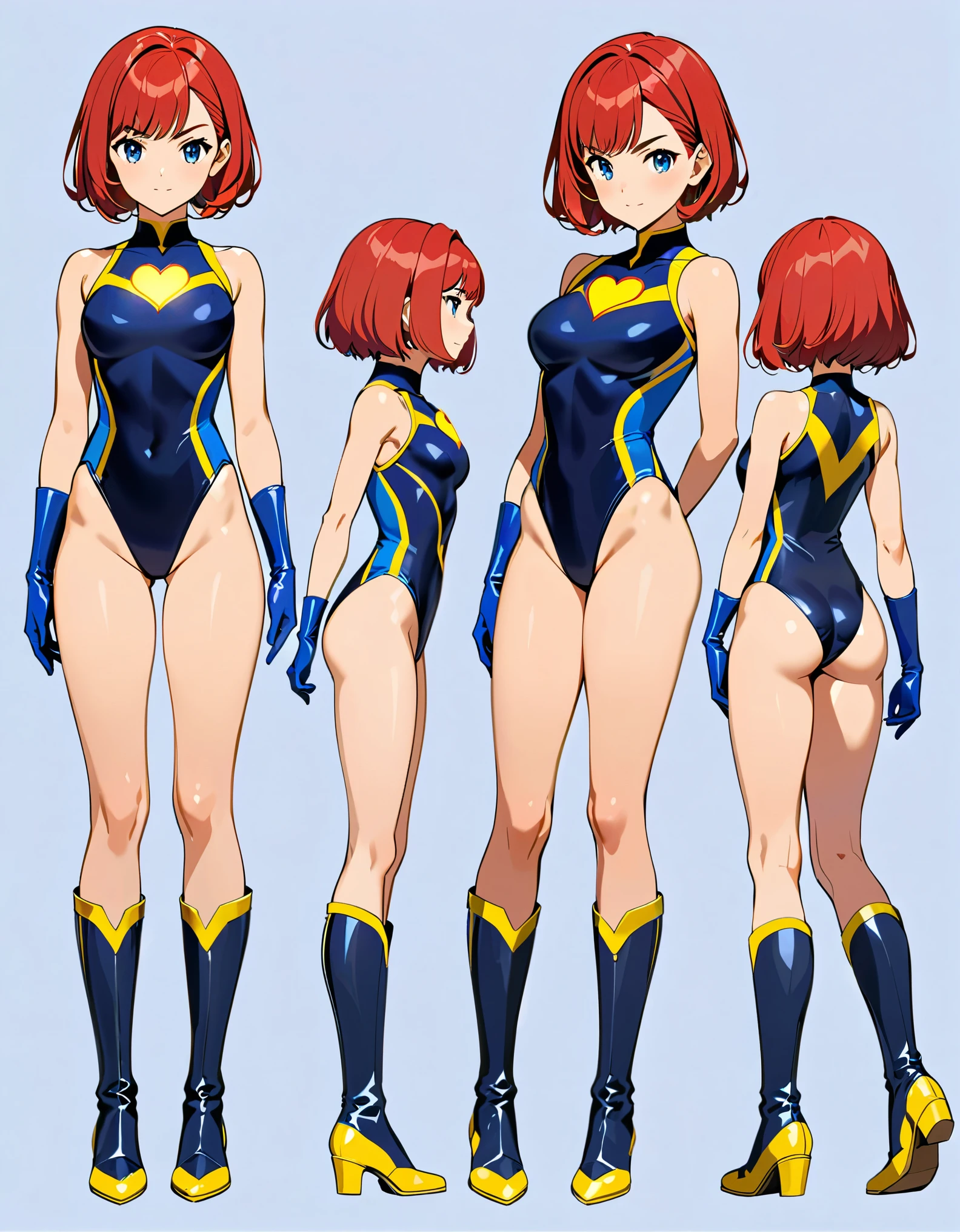 (masterpiece), (best quality), (high res), 1girl, solo, solo focus, single, superhero, heroic, (leotard, gymnast outfit leotard, dark blue leotard with yellow accents, sleeveless, bare legs), (knee boots, matching boots), looking at the viewer, perfect hands, complete fingers, (blue gloves, matching gloves), perfect anatomy, perfect proportions, medium breasts, (red hair, short hair, bob hair, bangs), light blue eyes, beautiful detailed eyes, beautiful detailed face, cute face, full body with costume, ((yellow heart symbol on chest)), serious. Simple background, Multiple Views, Character Sheet Full-Length.