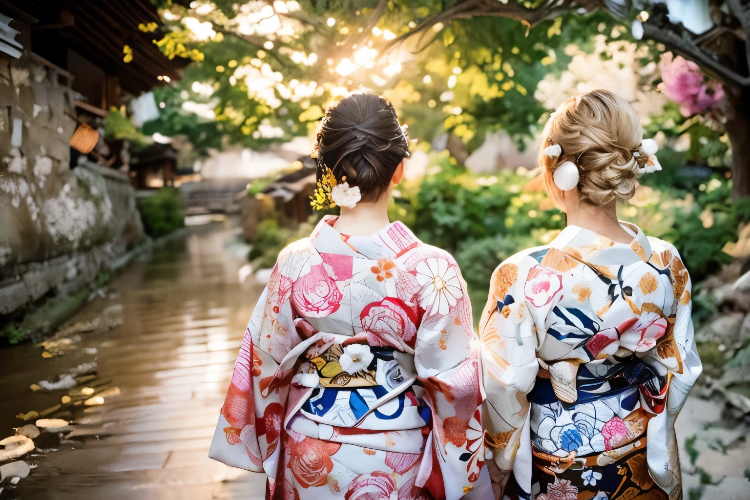 ((Highest quality)), ((masterpiece)), (detailed), (Back view)girl, yukata,yukata,Back view,kimono,Beautiful Hairstyles,backstyle,Hair Arrangement,Upstyle,Blonde,yukata,firework,night,whole,White skin,Japanese women,ピンクのkimono,Pink outfit