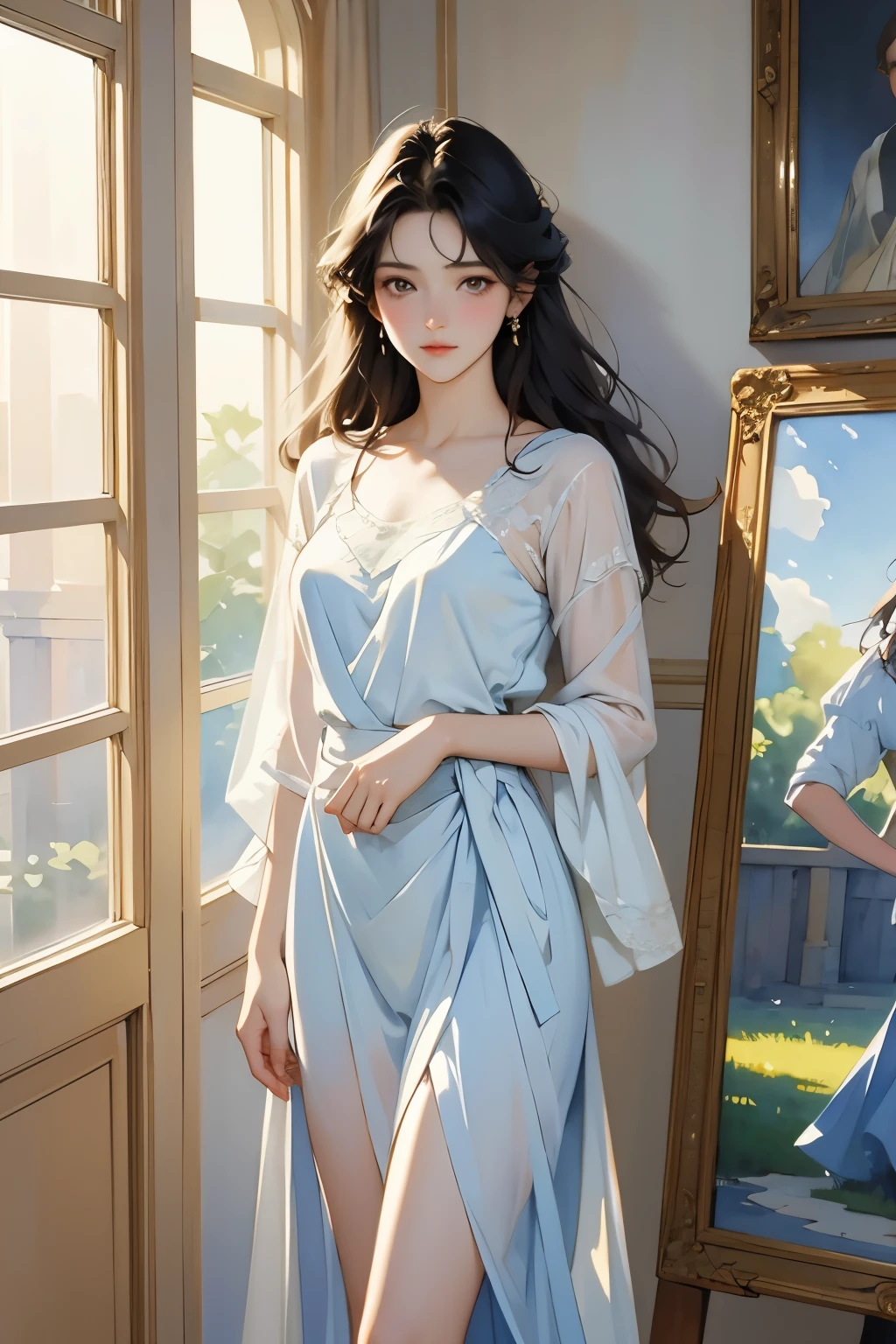 (A very beautiful paints a life-size self-portrait:1.2), (Full body portrait:1.2)、See through,(An incomplete life-size portrait:1.2)、(Paint set、palette、Pen:1.2)、Beautiful and fair、Glowing Skin, Nice, bright, Refreshing and gentle look, Perfect beautiful face、Beautiful shiny bangs, Small breasts,Lace Bikini,room、window、Soft Light、(Watercolor of singer Sargent)、(Highest quality、masterpiece)、