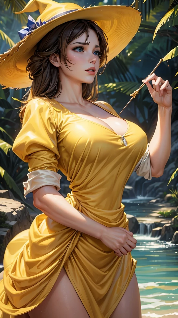 A girl in a yellow dress, with brunette hair and a yellow hat, named Jane. She has a sexy and attractive appearance. Her blouse is open, revealing her big and appealing breasts. Tarzan, a muscular man, is also present in the scene. The medium used to depict this artwork is oil painting, ensuring a high-quality and detailed result. The painting style is realistic and photorealistic, with vivid colors and sharp focus. The overall lighting is well-balanced, illuminating the scene beautifully.