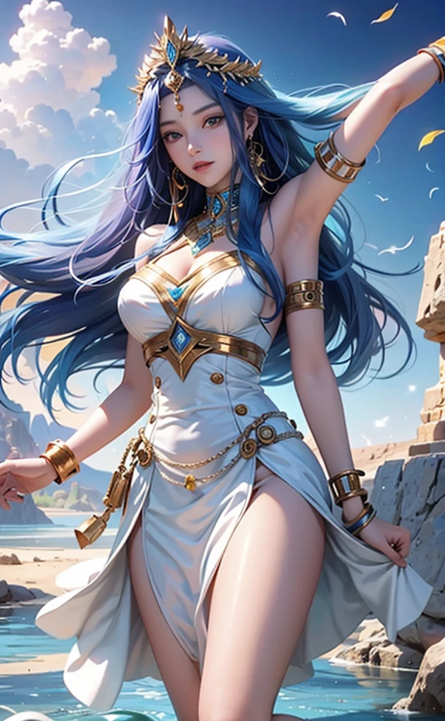 best qualityer，tmasterpiece，Ultimate resolution，downy，Extremely colorful，Colorful，Oasis background，Ancient Egyptian woman，Long azure hair，a matural female，Long white dress in Egyptian style，a white long skirt，Treading water，Desert oasis，Nile River，Normal posture