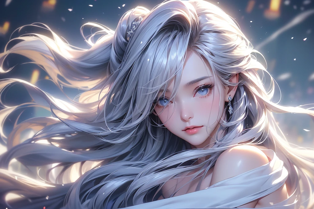 ((masterpiece:1.5、8k、Portraiture、フォトリアリスティックでVery detailedなCG、Very detailed、Particle Effects、Dynamic Effects、Shallow depth of field、Cinematic Light、Lens flare、Ray Tracing、Tabletop、Realistic:1.4、Ultra-high resolution:1.2、Realistic、Realistic))((alone、,A woman wearing a cashmere coat over an off-the-shoulder dress:1.4、Elegant woman posing、Detailed face、bright表情、young, bright, Whiter skin、Ample breasts、Best Looks、Ultimate beauty、Shiny silver hair with highlights、bright and shiny hair,、Super long, Silky straight hair、Hair dancing in the wind))(morning、The setting is outdoors in the snow、Surrounded by illuminations)Wear warm clothes
