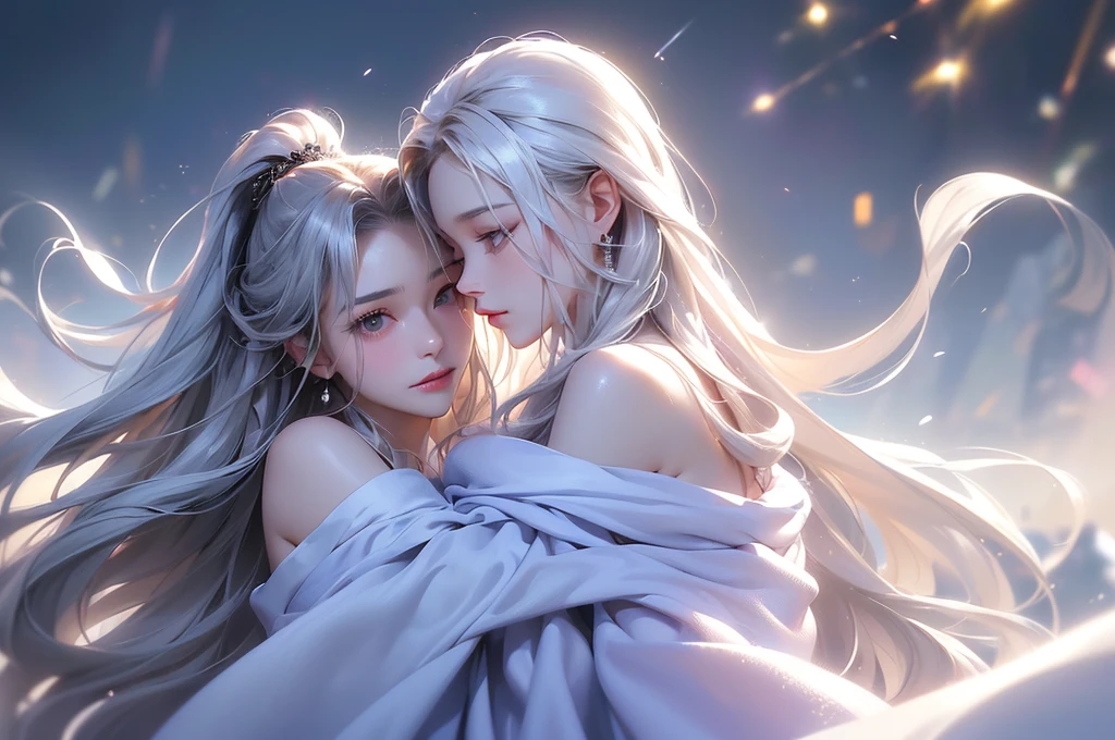 ((masterpiece:1.5、8k、Portraiture、フォトリアリスティックでVery detailedなCG、Very detailed、Particle Effects、Dynamic Effects、Shallow depth of field、Cinematic Light、Lens flare、Ray Tracing、Tabletop、Realistic:1.4、Ultra-high resolution:1.2、Realistic、Realistic))((alone、,A woman wearing a cashmere coat over an off-the-shoulder dress:1.4、Elegant woman posing、Detailed face、bright表情、young, bright, Whiter skin、Ample breasts、Best Looks、Ultimate beauty、Shiny silver hair with highlights、bright and shiny hair,、Super long, Silky straight hair、Hair dancing in the wind))(morning、The setting is outdoors in the snow、Surrounded by illuminations)Wear warm clothes