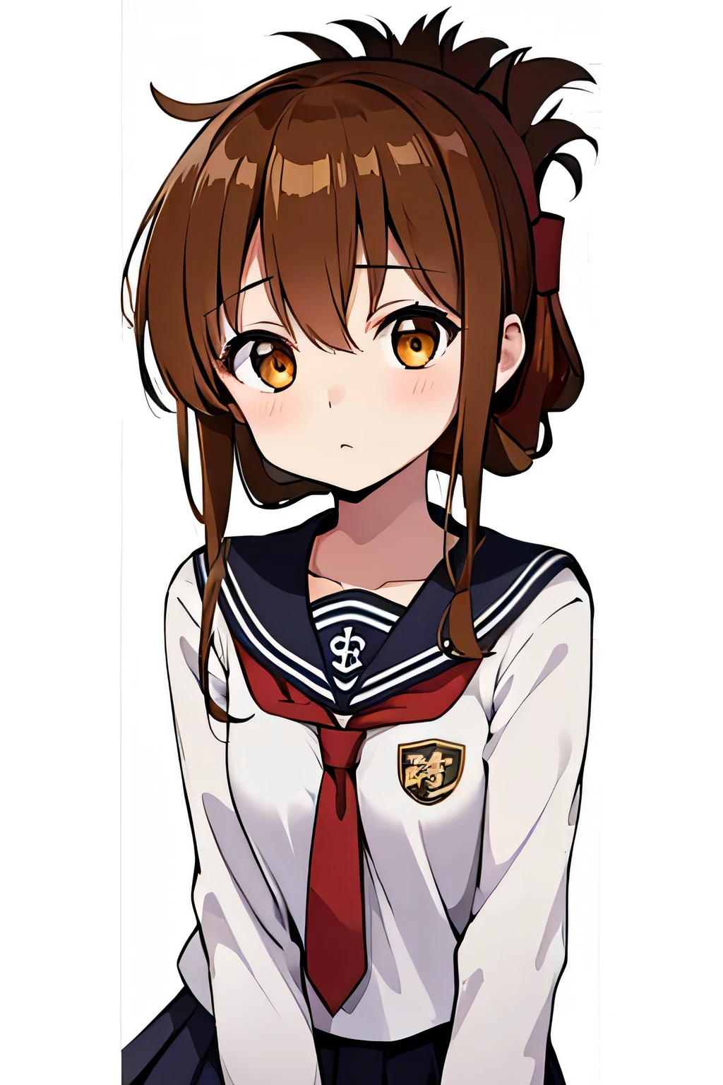 (masterpiece, best quality:1.2),illustration,8k,HD,1girl,solo,upper body,(portrait:1.2),brown_hair,folded_ponytail,brown_eyes,serafuku,long_hair,school_uniform,skirt,pleated_skirt,(masterpiece, Highest quality:1.2),shape,8k,High resolution,1 Girl,alone,brown_hair,Folded_ponytail,brown_eye,Seraphim,length_hair,School_uniform,White bikini bottoms,Are standing、Facing forward.