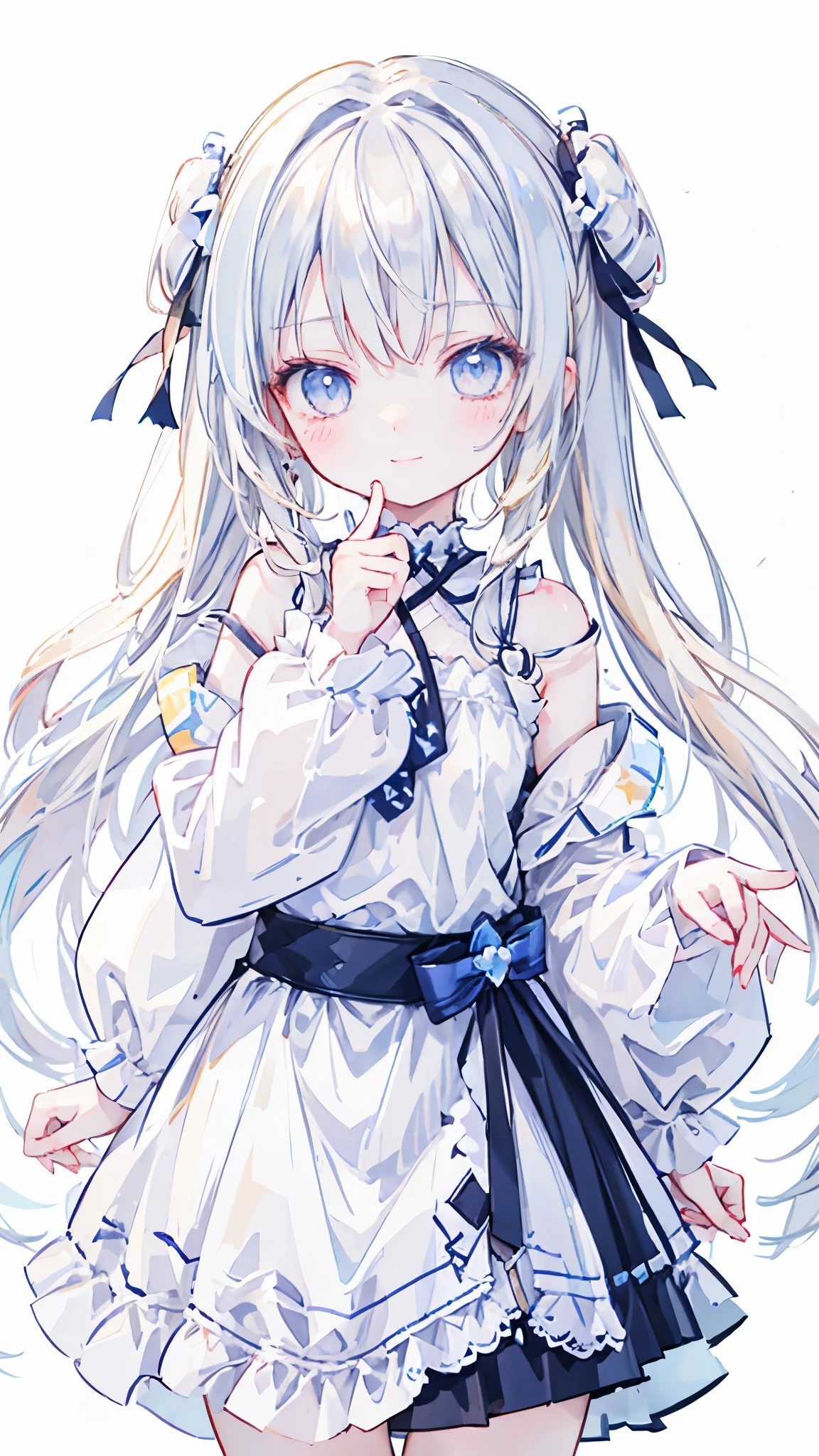 Highest quality,smile,woman,cute,Long Hair,Blonde,Light blue eyes,White off-the-shoulder tops,Checkered mini skirt,Light blue background,Touching your face with your hands,
