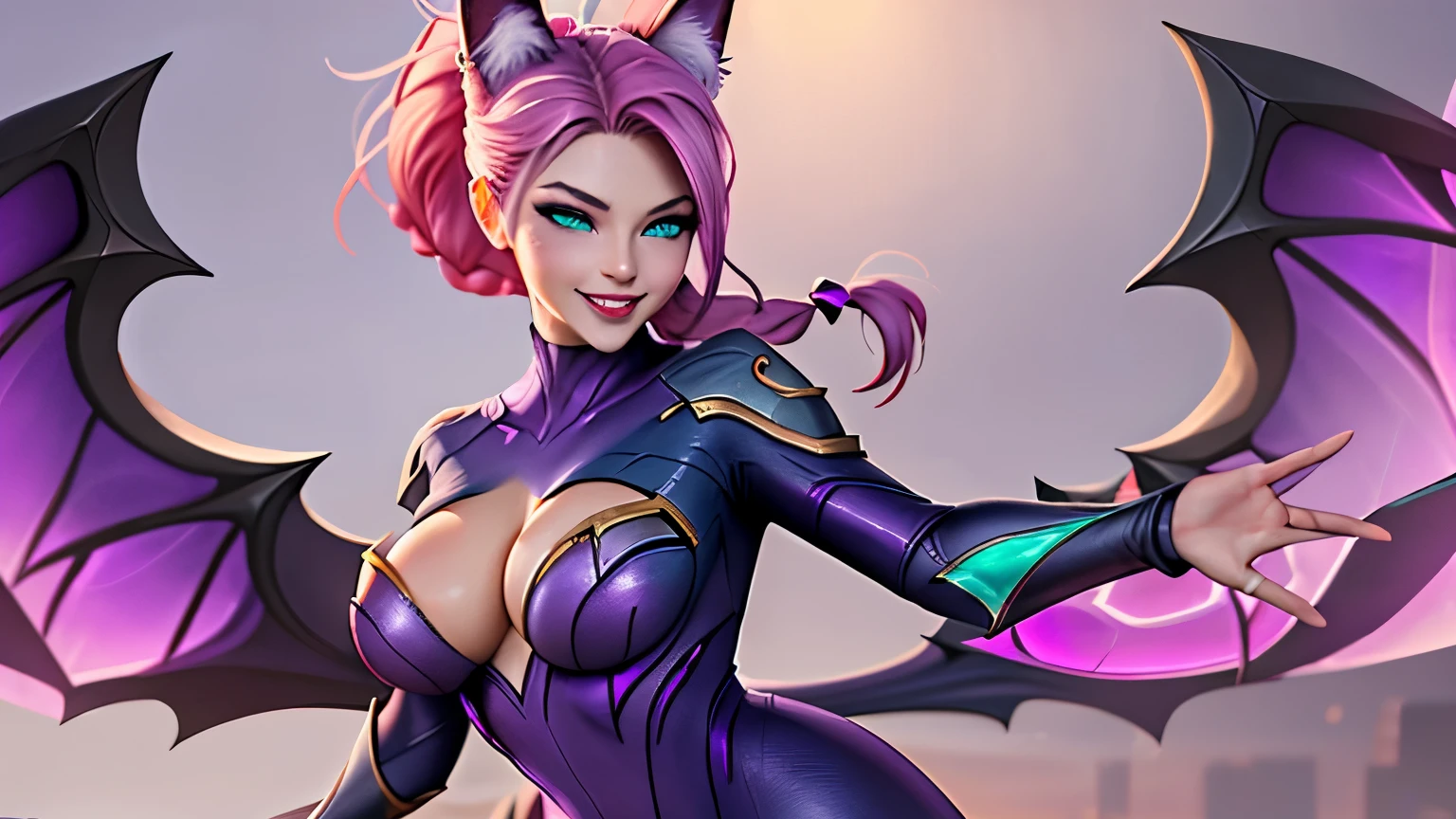 kai'sa league of legends, postura sexy, posse sexy, corpo definido, pink hair, braided ponytail, aqua eyes, fox ears, evil smile, anime, wide shot, UHD, super detail, high quality, best quality, 8k, corpo inteiro, dos pés a cabeça