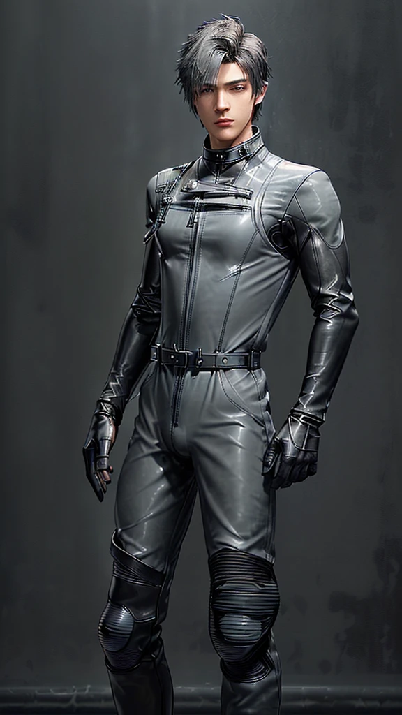 Final fantasy taste and reality graphics, ((Japanese young cute and cool ikemen boy)), his age is early 20s, thin eyebrows and beady eyes, ((he wearing gray color, thick leather coverall suit)),((cool combat uniform)),((Don't show your bare skin from the head down) ((motorcycle suit style coverall suit)),((coverall suit is high collar)), ((voluminous coverall suit)), ((coverall suit with black waist belt)),((coverall suit put on Translucent protectors, forearms,shoulders,chest,back, and front of tights.)) ((Coverall suits flank area, put on black parts)), ((put black leather tight and thin glove on both hands)), ((black color leather glove)),((black color leather boots)),((must views head-to-toe)),((must views whole body)), ,((Do not show skin from the neck down)),, .((must put on a leather glove)).
Boy is black hair.
Boy in the dim room.