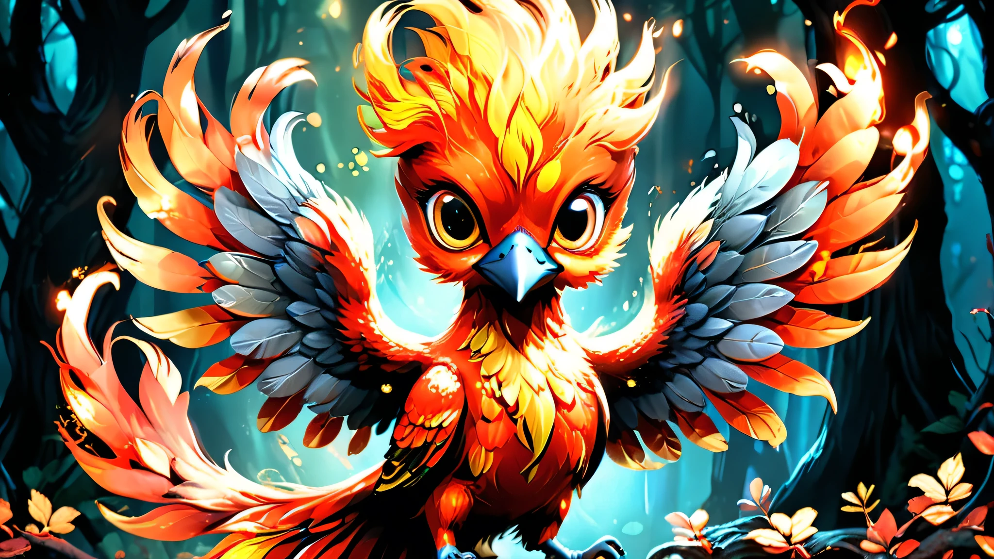 A darling little Phoenix that is irresistibly cute, with bright, soft feathers in shades of red, orange, and gold. It has big, expressive eyes that sparkle with warmth and wisdom. Despite its adorable appearance, the Phoenix exudes an aura of power and rebirth, symbolizing immortality and renewal. flames flickering around it, in a mystical forest with soft, glowing light. The scene highlights the Phoenix's magical significance and beauty and innocence, octane render
