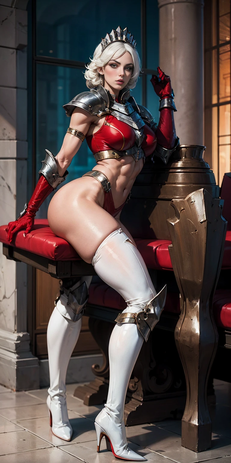 Elegant adult female
Whitish hair
Red eyes with Whitish eyelashes
Crown
Full body sitting on a bench
Leg lifting on a chair
Showing butt to viewer
Shiny armor
Thigh highs
High boots
RED gloves gauntlets
RED military armored boots
Strong abs
Female body builder
Tiara