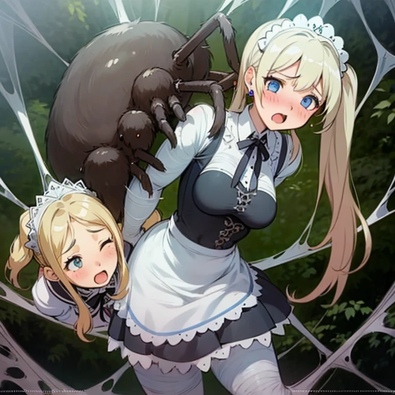 A realistic girl being torn apart by a spider while stuck in a web struggling to get out, 2 girls, wearing maid outfit
Blonde Hair, Hair Over One Eye, Low Twintails, Wavy Hair, Large breasts, Earrings, Blush, Open Mouth, Ribbon, Maid Headdress, Realistic,