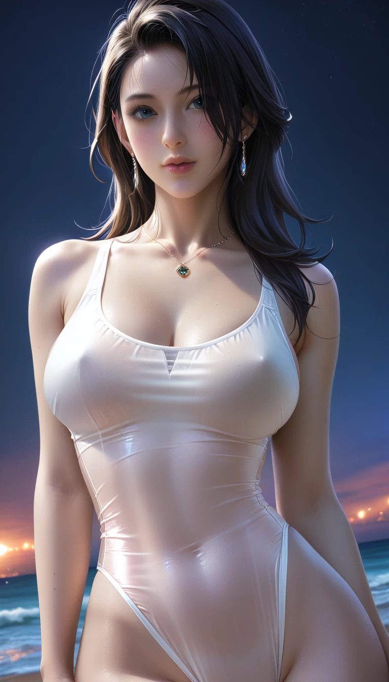 score_9, score_8_superior, score_7_superior, Masterpieces with up to 16K resolution,Highest quality,it is really amazing,Very detailed,Ultra-high resolution,(Ultra-realistic:1.1),(Realistic:1.1),Increased depth of field,Cinematic lighting,
Elegant Japanese MILF,
Long black hair,Ultra-detailed and beautiful faces,Translucent white skin,Very detailedな肌,
(High leg leotard swimsuit:1.1),
Artistic design,Beautiful and detailed pattern,Detailed fabric texture,
Gorgeous necklace,Earrings,
(In the Dark:1.1),(Night Coast:1.1),(Deserted beach:1.1),(A pitch black night sky with dark clouds:1.1),
(Dramatic Angle:1.2),