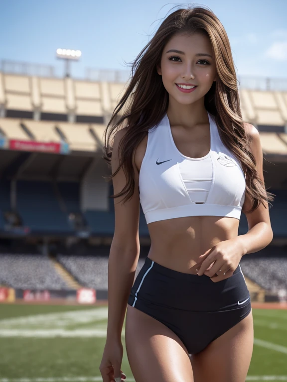 Highest quality, masterpiece, 8k, Ultra-high resolution, (Realistic:1.4), 1 girl、Beautiful expression、Symmetrical eyes、Small breasts、Perfect Body Proportions、Training wear、Sporting goods、Unbutton the chest、Laughter、Looking at the audience、Outdoor stadium、Long legs(1.3)、Dark brown long hair、smile、