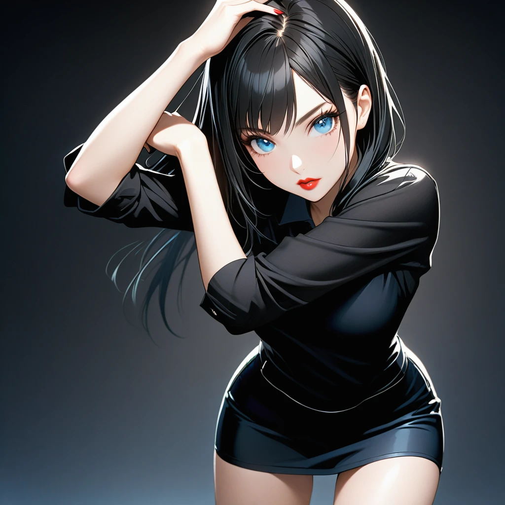pose. Woman fine face, Red lips, long black hair, Blue-eyed, wearing short black miniskirt.