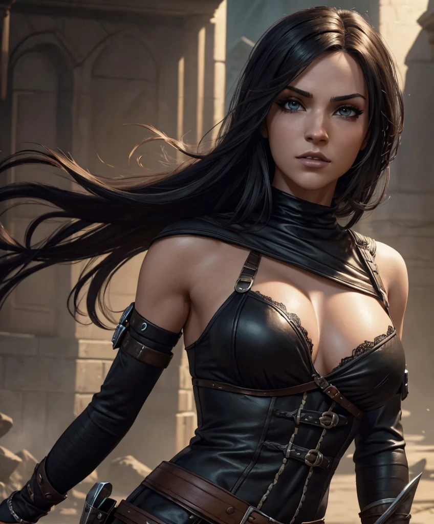 (((Single character image.))) Solo focus. 1girl. Generate an attractive goth-style female swashbuckler for a fantasy setting. She is sultry, sexy and dangerous. She looks like a sexy human female swashbuckler.. best quality:1.0,hyperealistic:1.0,photorealistic:1.0,madly detailed CG unity 8k wallpaper:1.0,masterpiece:1.3,madly detailed photo:1.2, hyper-realistic lifelike texture:1.4, picture-perfect:1.0,8k, HQ,best quality:1.0,