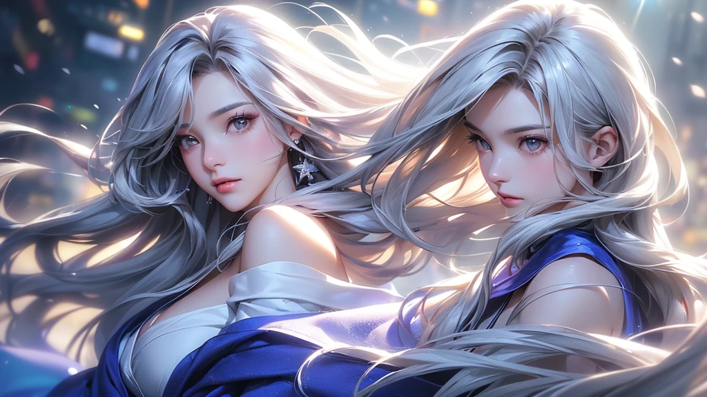 ((masterpiece:1.5、8k、Portraiture、フォトリアリスティックでVery detailedなCG、Very detailed、Particle Effects、Dynamic Effects、Shallow depth of field、Cinematic Light、Lens flare、Ray Tracing、Tabletop、Realistic:1.4、Ultra-high resolution:1.2、Realistic、Realistic))((alone、,A woman wearing a cashmere coat over an off-the-shoulder dress:1.4、Elegant woman posing、Detailed face、bright表情、young, bright, Whiter skin、Ample breasts、Best Looks、Ultimate beauty、Shiny silver hair with highlights、bright and shiny hair,、Super long, Silky straight hair、Hair dancing in the wind))(morning、The setting is outdoors in the snow、Surrounded by illuminations)Wear warm clothes