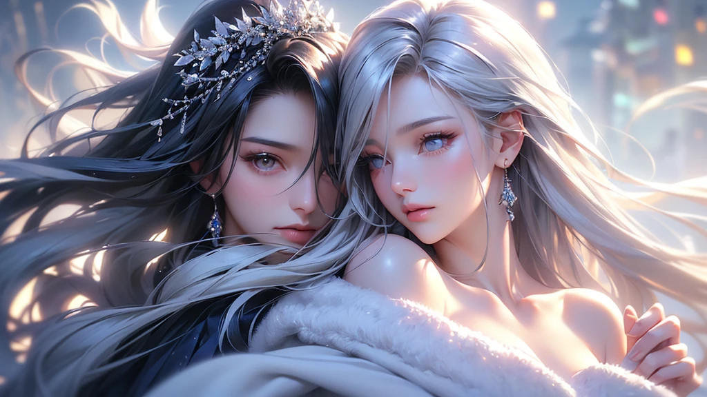 ((masterpiece:1.5、8k、Portraiture、フォトリアリスティックでVery detailedなCG、Very detailed、Particle Effects、Dynamic Effects、Shallow depth of field、Cinematic Light、Lens flare、Ray Tracing、Tabletop、Realistic:1.4、Ultra-high resolution:1.2、Realistic、Realistic))((alone、,A woman wearing a cashmere coat over an off-the-shoulder dress:1.4、Elegant woman posing、Detailed face、bright表情、young, bright, Whiter skin、Ample breasts、Best Looks、Ultimate beauty、Shiny silver hair with highlights、bright and shiny hair,、Super long, Silky straight hair、Hair dancing in the wind))(morning、The setting is outdoors in the snow、Surrounded by illuminations)Wear warm clothes