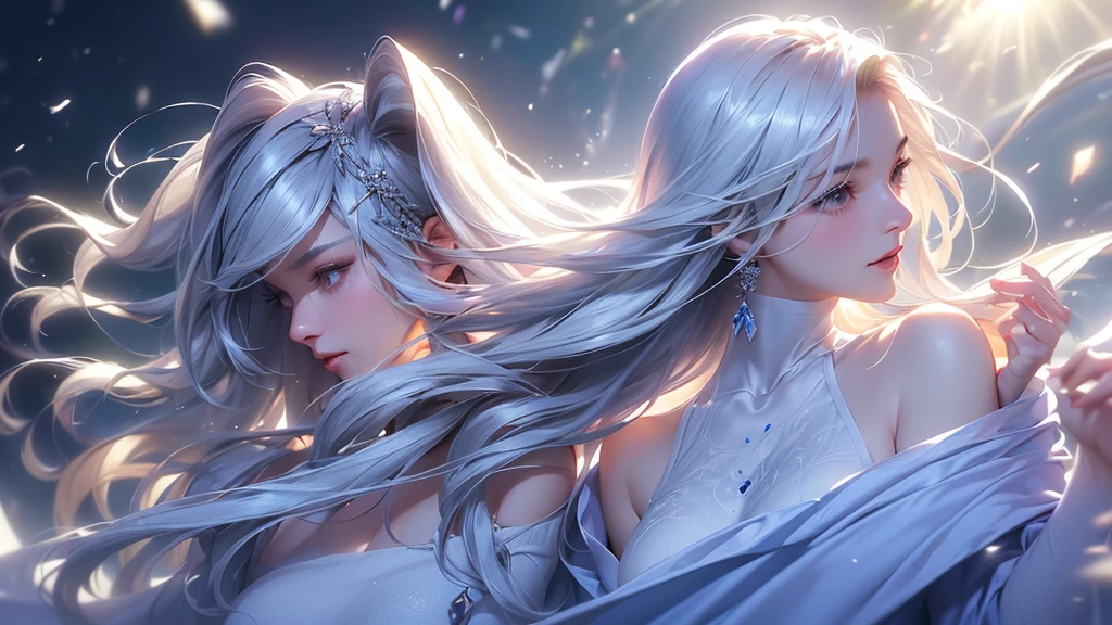 ((masterpiece:1.5、8k、Portraiture、フォトリアリスティックでVery detailedなCG、Very detailed、Particle Effects、Dynamic Effects、Shallow depth of field、Cinematic Light、Lens flare、Ray Tracing、Tabletop、Realistic:1.4、Ultra-high resolution:1.2、Realistic、Realistic))((alone、,A woman wearing a cashmere coat over an off-the-shoulder dress:1.4、Elegant woman posing、Detailed face、bright表情、young, bright, Whiter skin、Ample breasts、Best Looks、Ultimate beauty、Shiny silver hair with highlights、bright and shiny hair,、Super long, Silky straight hair、Hair dancing in the wind))(morning、The setting is outdoors in the snow、Surrounded by illuminations)Wear warm clothes