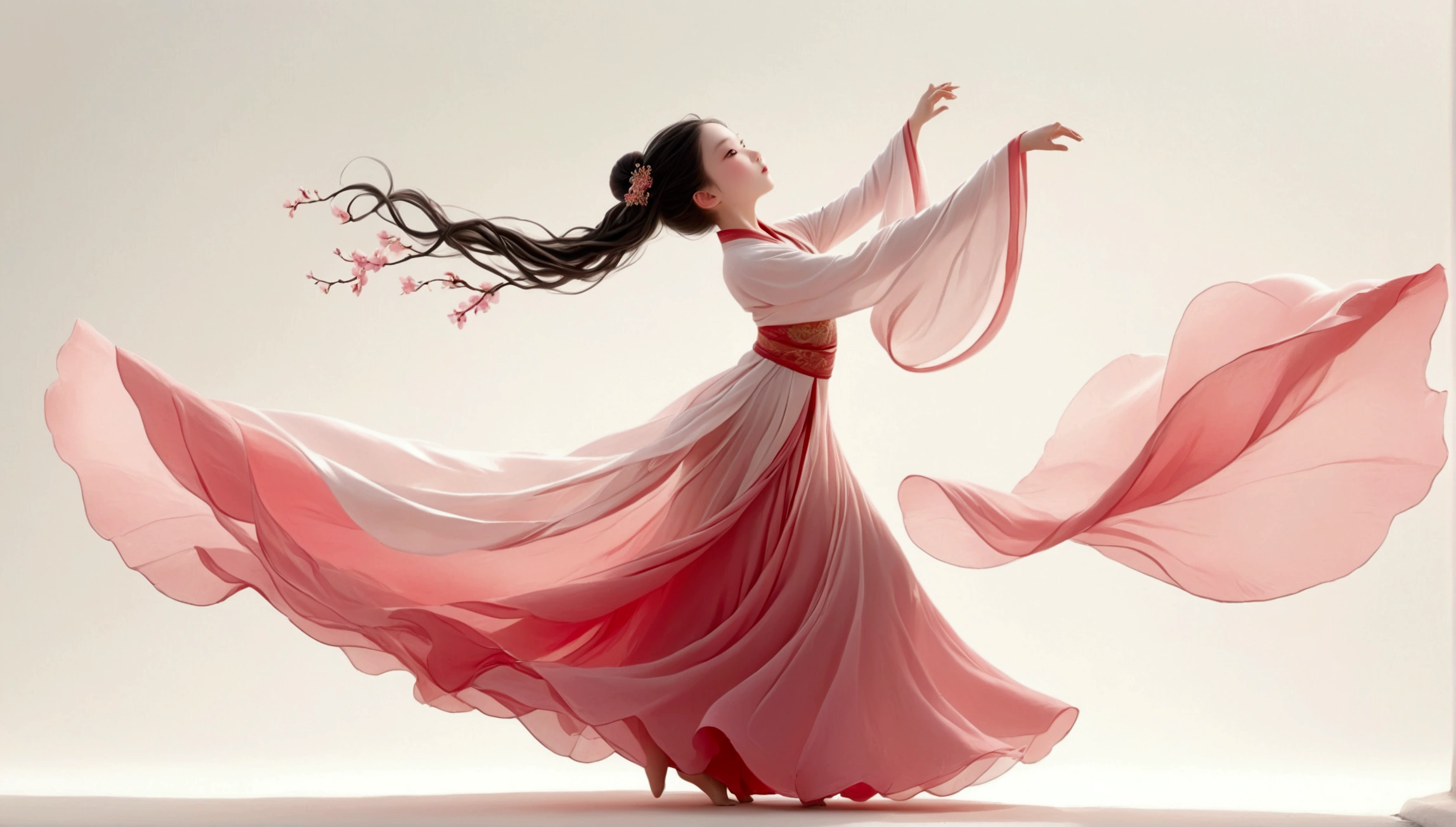 Dance photography;A dancer;A in a gorgeous long dress,Princess dress,Chinese style skirt,pink,Conservative style,Smudged skirt hem;The movements of the dance;Long hair shawl。whole body,front; Simple style;Minimalism。White background,Pure white background;Panoramic photography;Depth of Field, Extraordinary details, masterpiece, high quality, 4K,