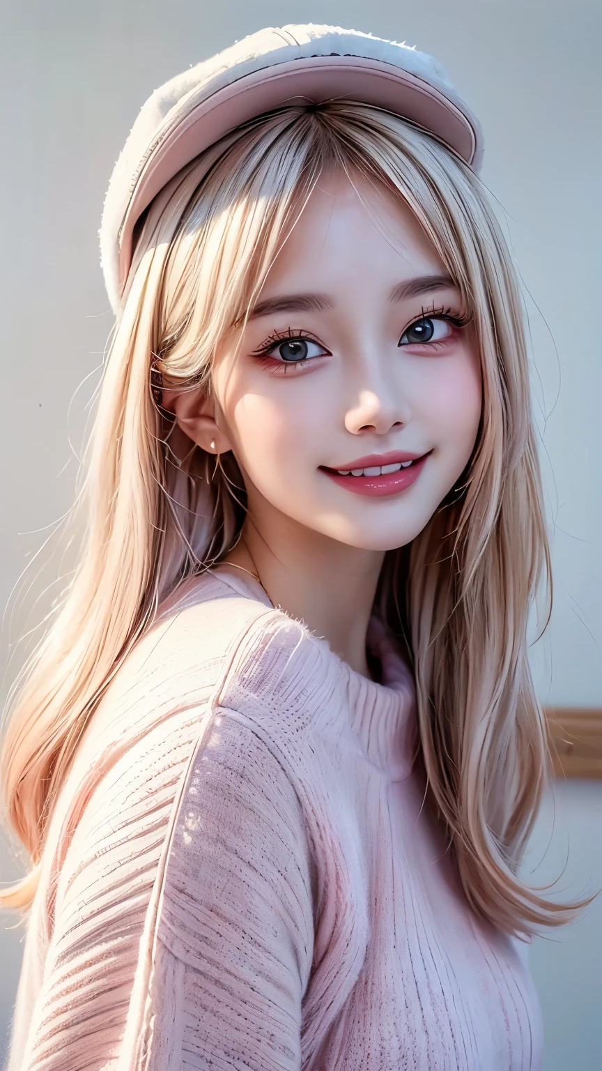 ((Best picture quality, 8K, tmasterpiece: 1.3)), perfect compositions, (Upper body portrait,Highly detailed face,smiling expression,),Furry pale pink sweater,Pure white baseball cap,White background wall