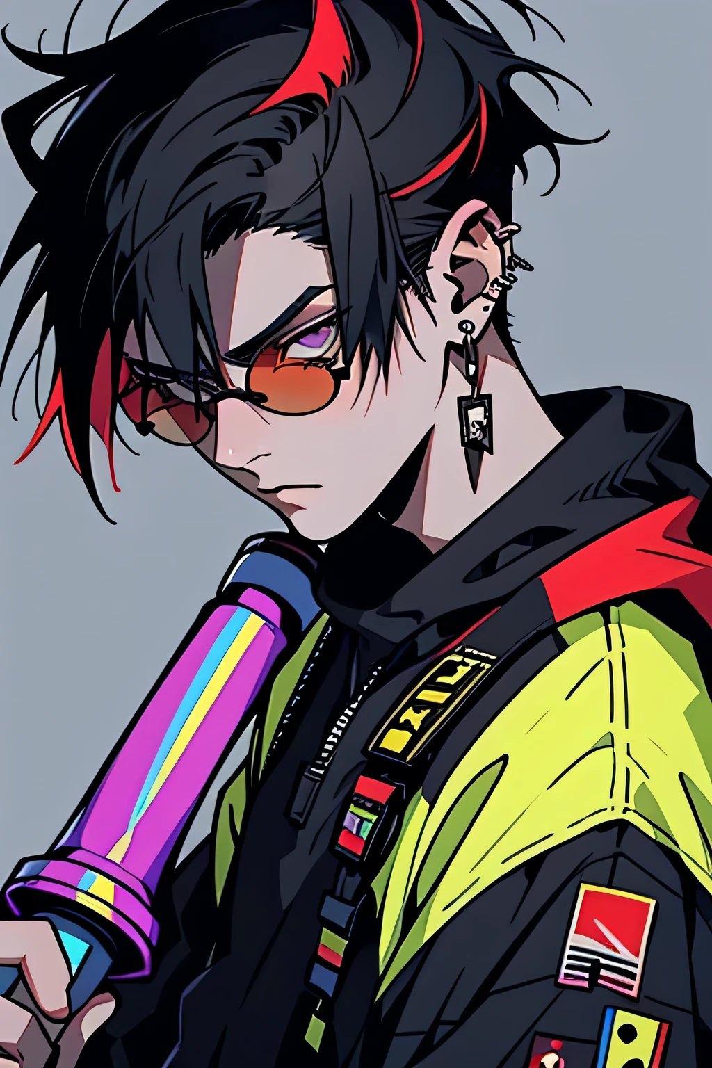 Male gender, attractive man, handsome young man, 20 years old, black hair with rainbow dye, black hair with red-yellow-green-blue-violet highlights, gray eyes, androgynous face, daring-fearful expression, sunglasses, stickers pastel color on her face, croptop, baggy low-rise pants, piercing in her ears, megaphone in hand. Artwork, detailed, anime style.