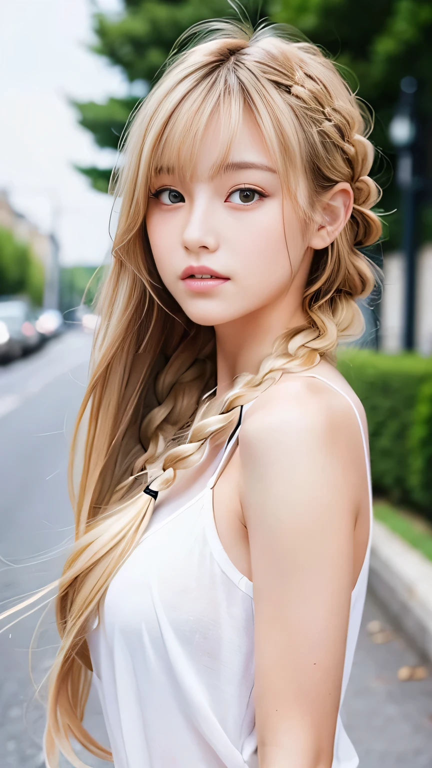 Sexy Big 、Sexy cute looks and cute 15 year old beautiful girl, beautiful and sexy face、A strong wind blows my hair in front of my face、beautiful long blonde French braided hair、beautiful, Cute and sexy eyes hidden behind long bangs