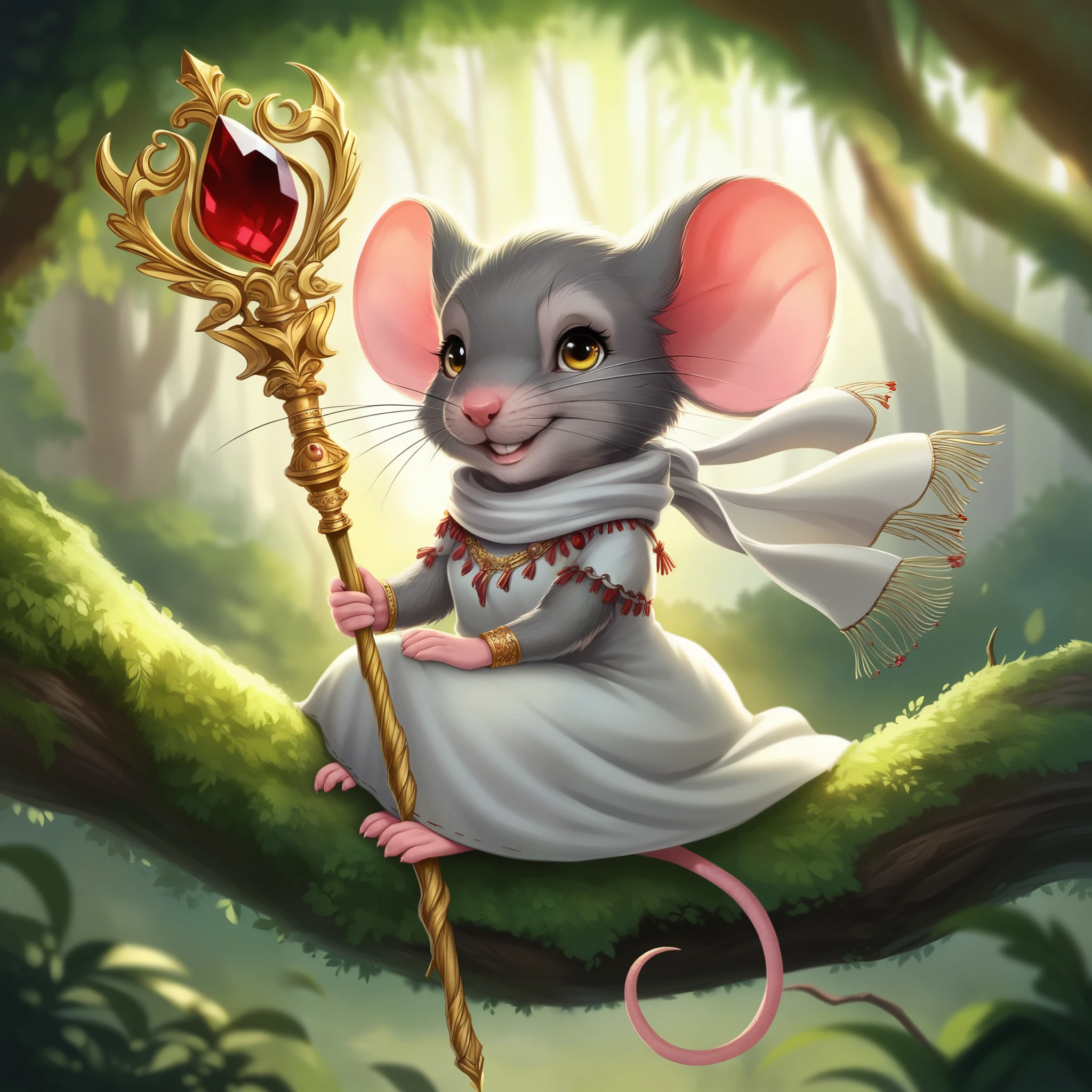 1girl, female, animal ears, yellow eyes, mouse ears, :3, mouse tail, barefoot, scarf, dress, short sleeves, sitting, looking at viewer, outdoors, leaf, whiskers, forest, staff, solo, holding, fluffy, tree, tail, nature, blurry, blurry background, furry, furry female, holding staff, smile, white scarf, jewelry, day, closed mouth, body fur, feral, mouse, grey fur, pink ears, sitting on a tree branch in a forest, holding a staff, dressed in a white dress with tassels, score_9, score_8_up, score_7_up, masterpiece, best quality, very aesthetic, absurdres
